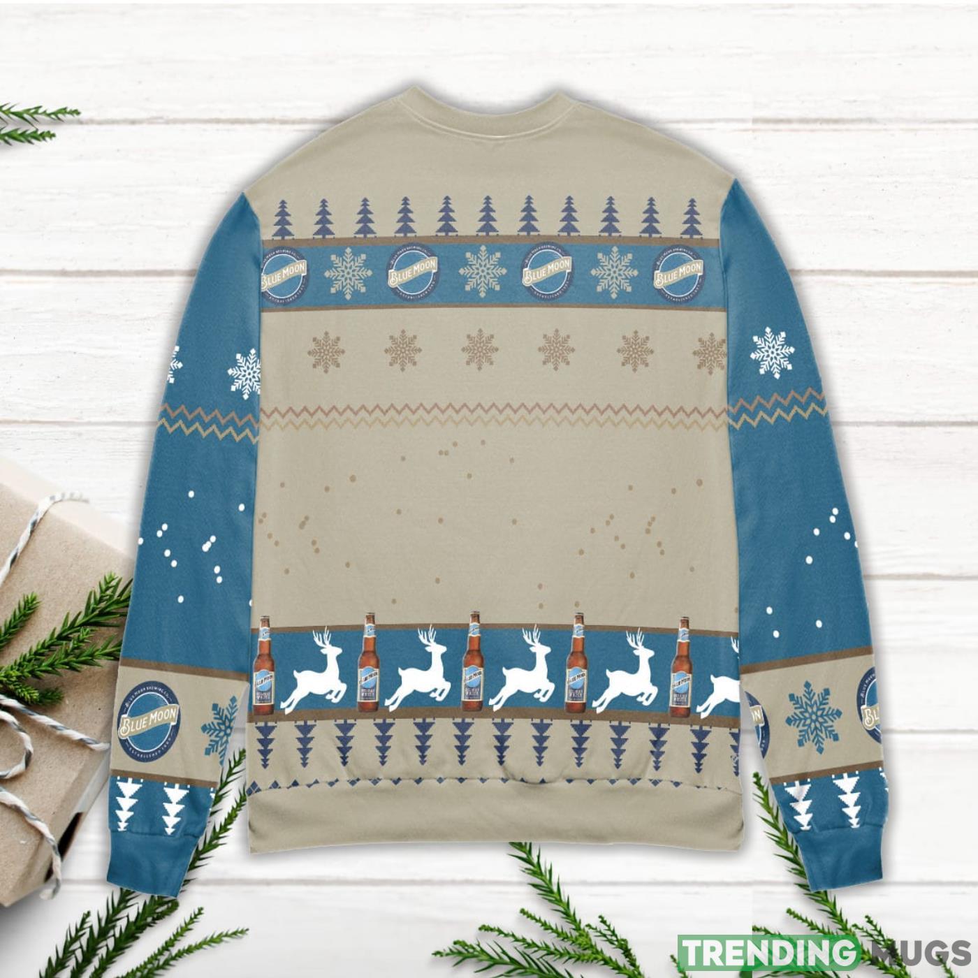 Blue Moon Brewery Reindeer & Snowflake Pattern Ugly Christmas Sweater 3D Sweater, Sweater Blue Moon Brewery Reindeer & Snowflake Pattern Ugly Christmas Sweater 3D Sweater, Sweater