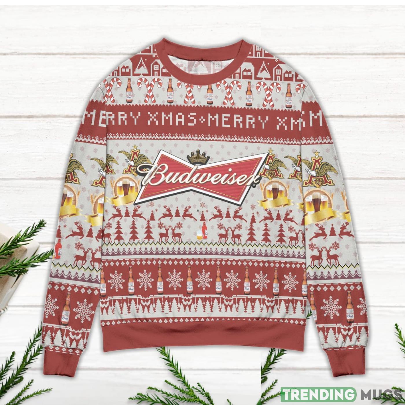 Budweiser Merry Xmas Reindeer & Snowflake Pattern Ugly Christmas Sweater Sweater Budweiser Merry Xmas Reindeer & Snowflake Pattern Ugly Christmas Sweater Sweater