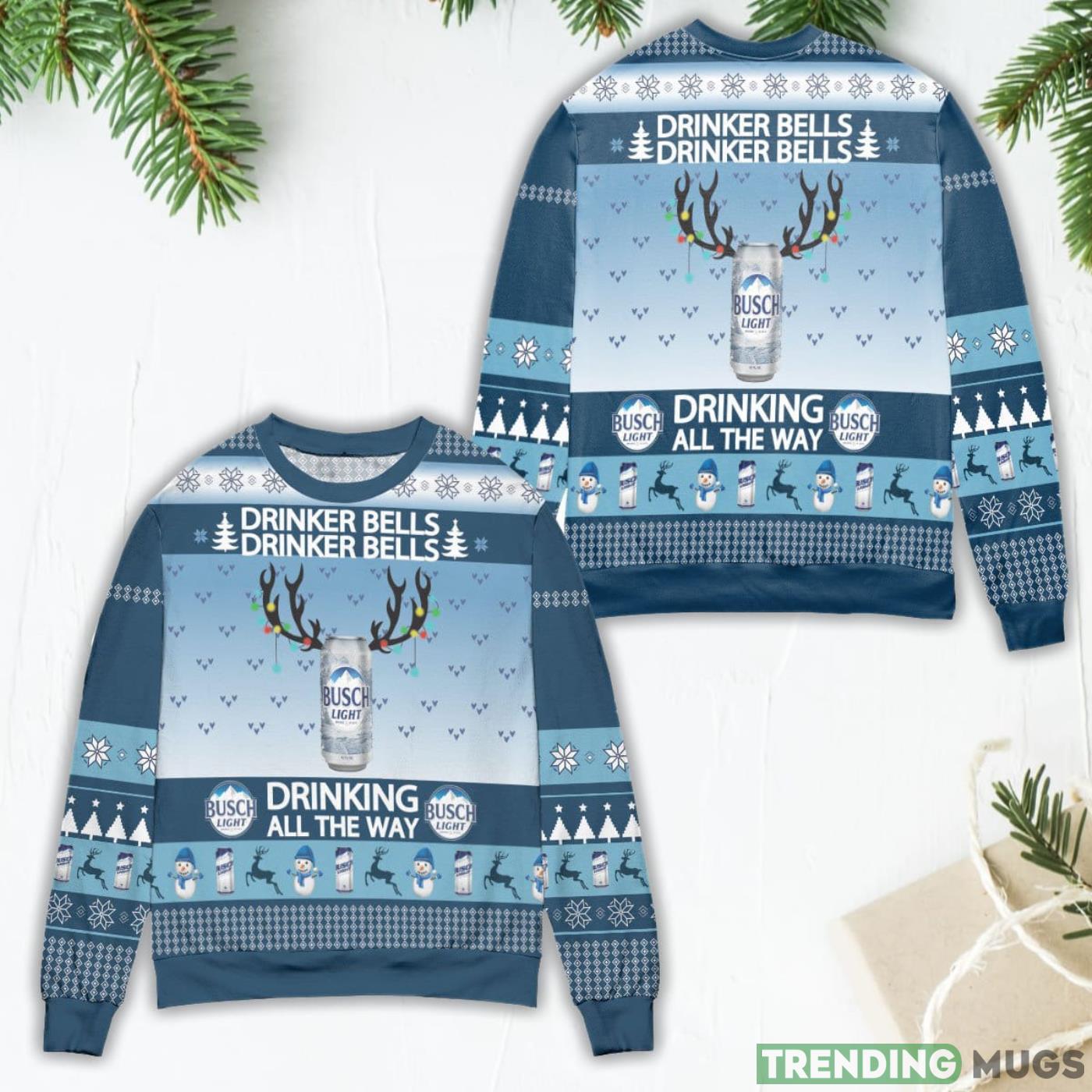 Busch Light Drinker Bells Drinking All The Way Ugly Christmas Sweater Product Photo 1 Busch Light Drinker Bells Drinking All The Way Ugly Christmas Sweater Product Photo 1