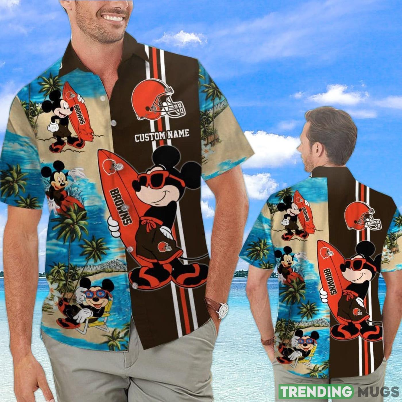 Cleveland Browns Mickey Surfing Lover Custom Name Hawaiian Shirt Product Photo 1 Cleveland Browns Mickey Surfing Lover Custom Name Hawaiian Shirt Product Photo 1