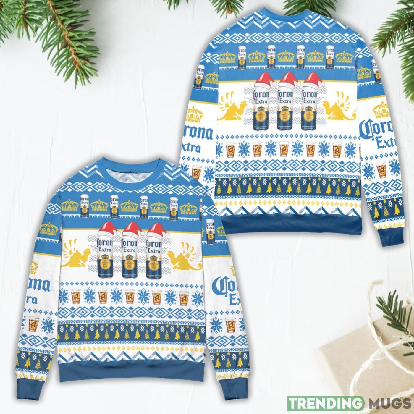 Corona Extra Beer Logo Christmas Pattern Blue Ugly Christmas Sweater Product Photo 1 Corona Extra Beer Logo Christmas Pattern Blue Ugly Christmas Sweater Product Photo 1