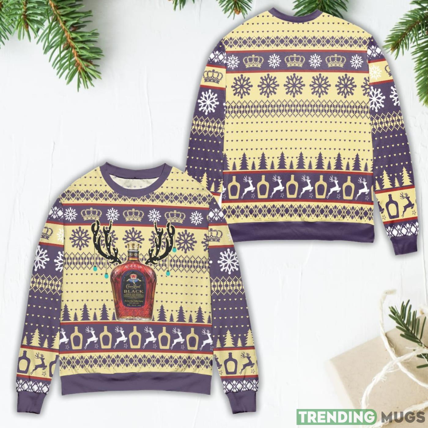 Crown Royal Black Reindeer & Snowflake Pattern Ugly Christmas Sweater Product Photo 1 Crown Royal Black Reindeer & Snowflake Pattern Ugly Christmas Sweater Product Photo 1