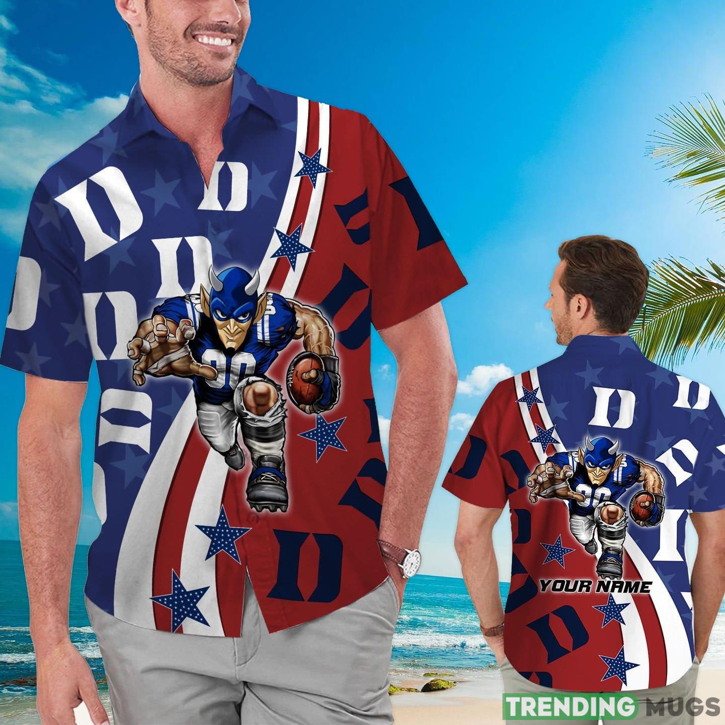 Duke Blue Devils American Flag Custom Name Hawaiian Shirt Product Photo 1 Duke Blue Devils American Flag Custom Name Hawaiian Shirt Product Photo 1