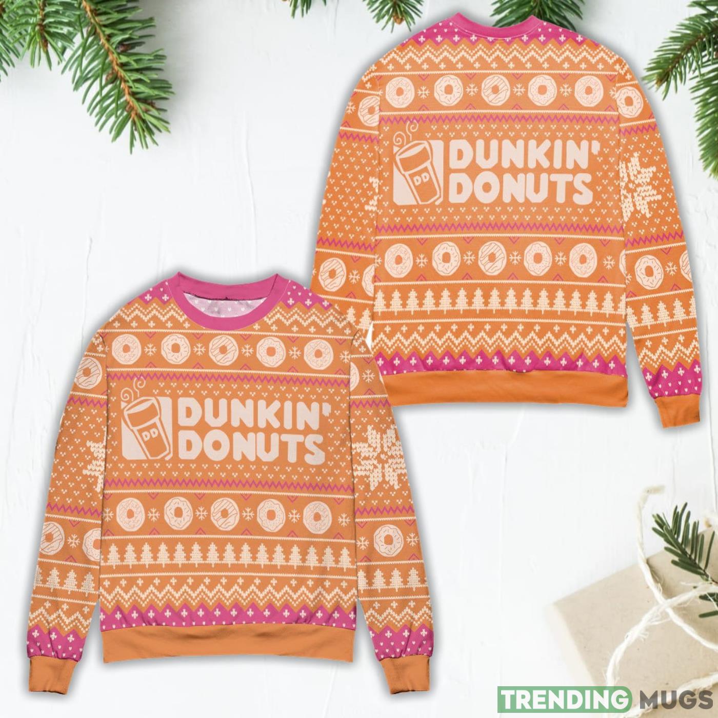 Dunkin' Donuts Snow Flake & Pine Tree Ugly Christmas Sweater - Orange Product Photo 1 Dunkin' Donuts Snow Flake & Pine Tree Ugly Christmas Sweater - Orange Product Photo 1