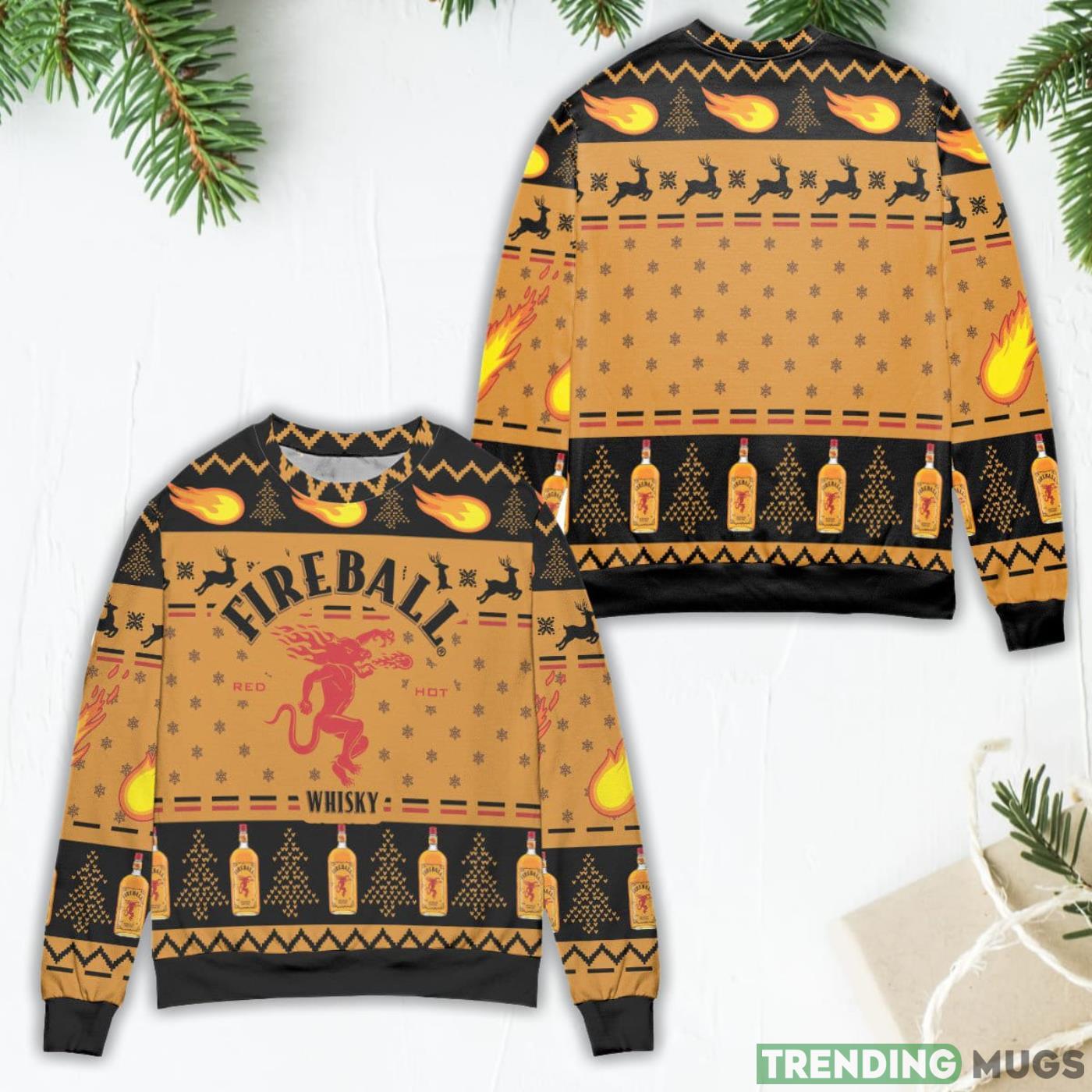 Fireball Red Hot Cinnamon Whiskey Pine Tree Pattern Ugly Christmas Sweater Product Photo 1 Fireball Red Hot Cinnamon Whiskey Pine Tree Pattern Ugly Christmas Sweater Product Photo 1