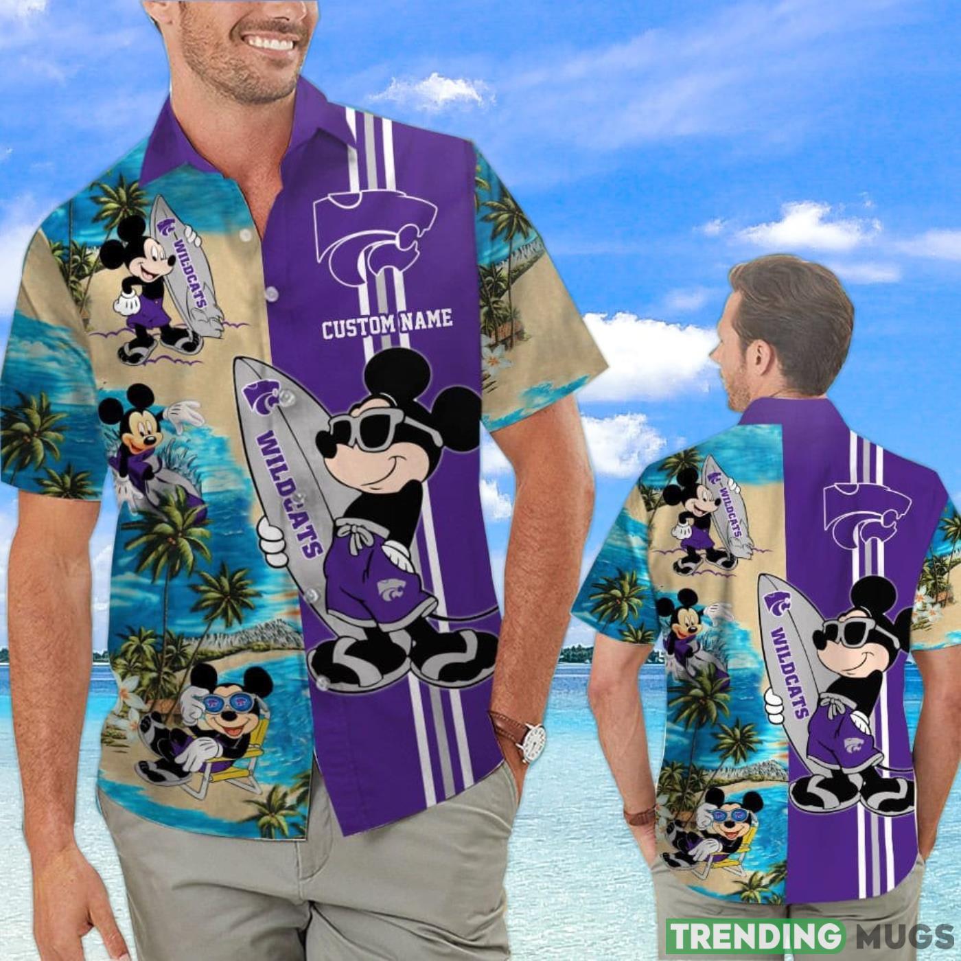 Kansas State Wildcats Mickey Surfing Lover Custom Name Hawaiian Shirt Product Photo 1 Kansas State Wildcats Mickey Surfing Lover Custom Name Hawaiian Shirt Product Photo 1