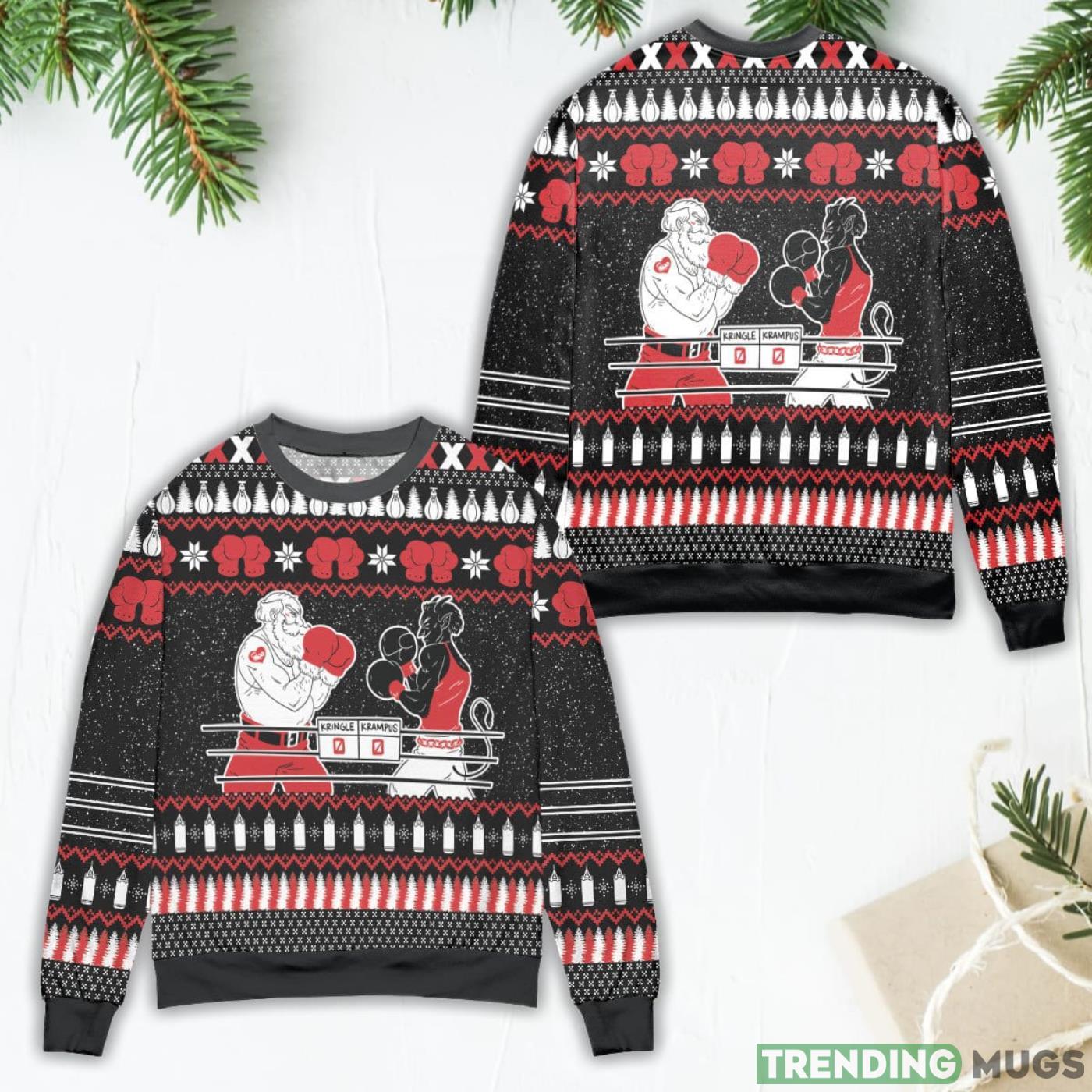 Krampus vs. Kringle Pine Tree & Snowflake Pattern Ugly Christmas Sweater Product Photo 1 Krampus vs. Kringle Pine Tree & Snowflake Pattern Ugly Christmas Sweater Product Photo 1