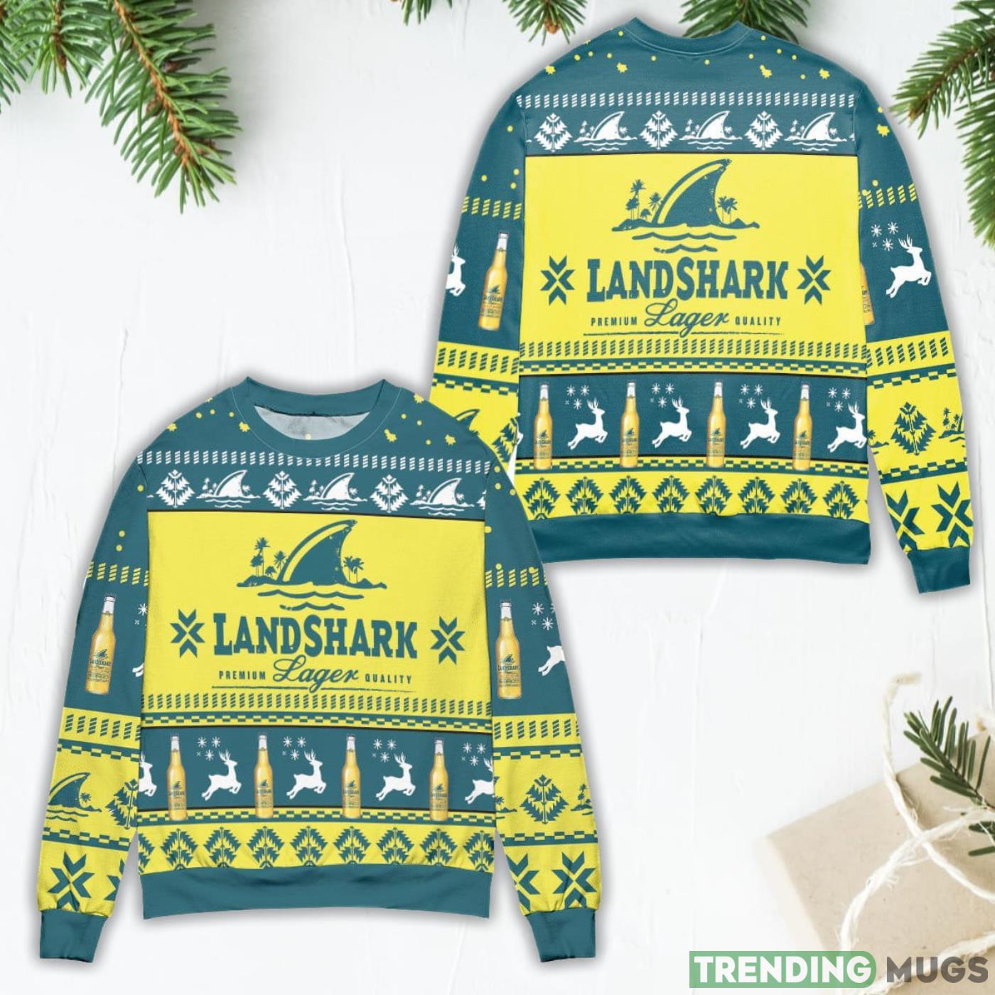 Landshark Lager Beer Logo Reindeer Pattern Yellow Blue Ugly Christmas Sweater Product Photo 1 Landshark Lager Beer Logo Reindeer Pattern Yellow Blue Ugly Christmas Sweater Product Photo 1