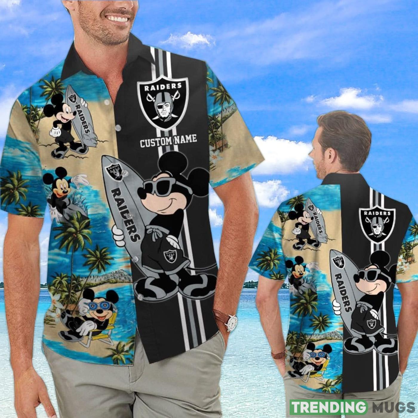 Las Vegas Raiders Mickey Surfing Lover Custom Name Hawaiian Shirt Product Photo 1 Las Vegas Raiders Mickey Surfing Lover Custom Name Hawaiian Shirt Product Photo 1