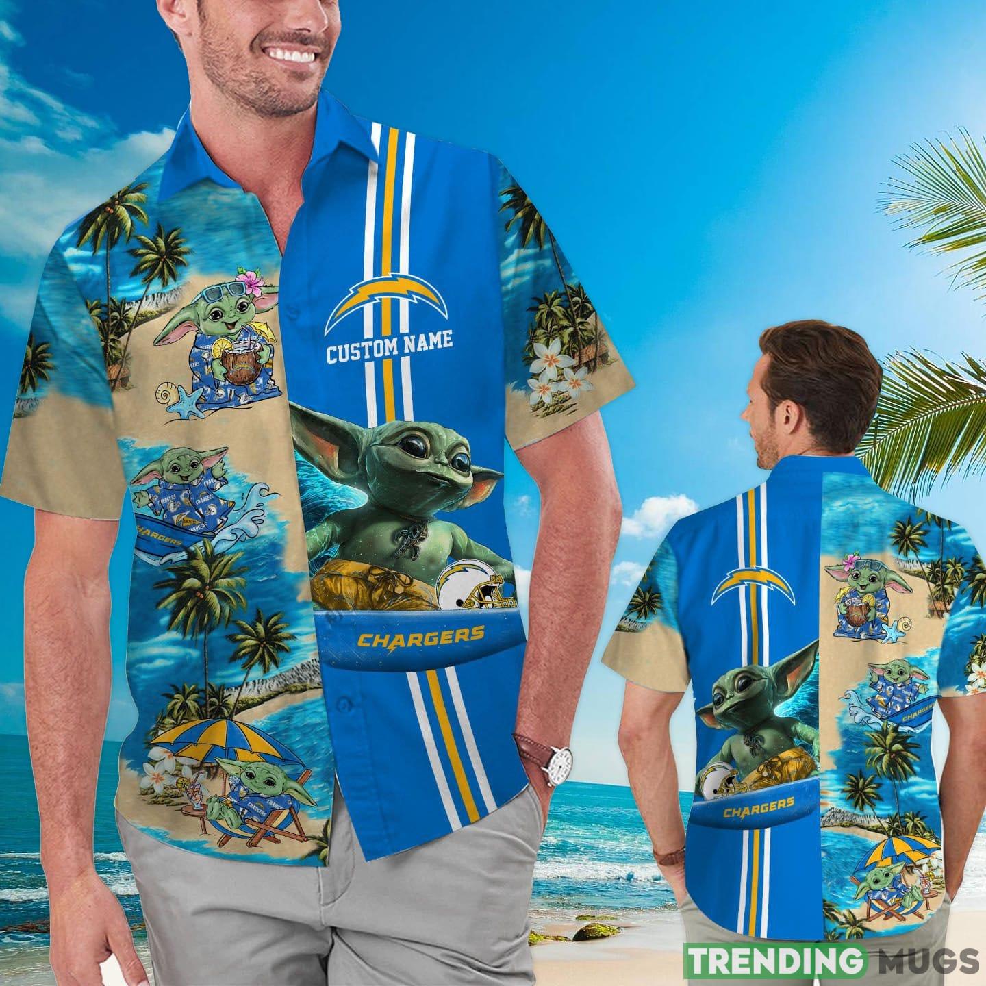 Los Angeles Chargers Baby Yoda Custom Name Hawaiian Shirt Product Photo 1 Los Angeles Chargers Baby Yoda Custom Name Hawaiian Shirt Product Photo 1