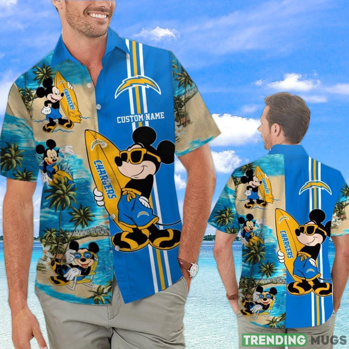 Los Angeles Chargers Mickey Surfing Lover Custom Name Hawaiian Shirt Product Photo 1 Los Angeles Chargers Mickey Surfing Lover Custom Name Hawaiian Shirt Product Photo 1