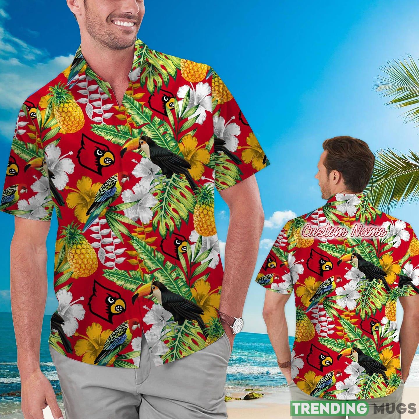 Louisville Cardinals Custom Name Parrot Floral Tropical Hawaiian Shirt Product Photo 1 Louisville Cardinals Custom Name Parrot Floral Tropical Hawaiian Shirt Product Photo 1