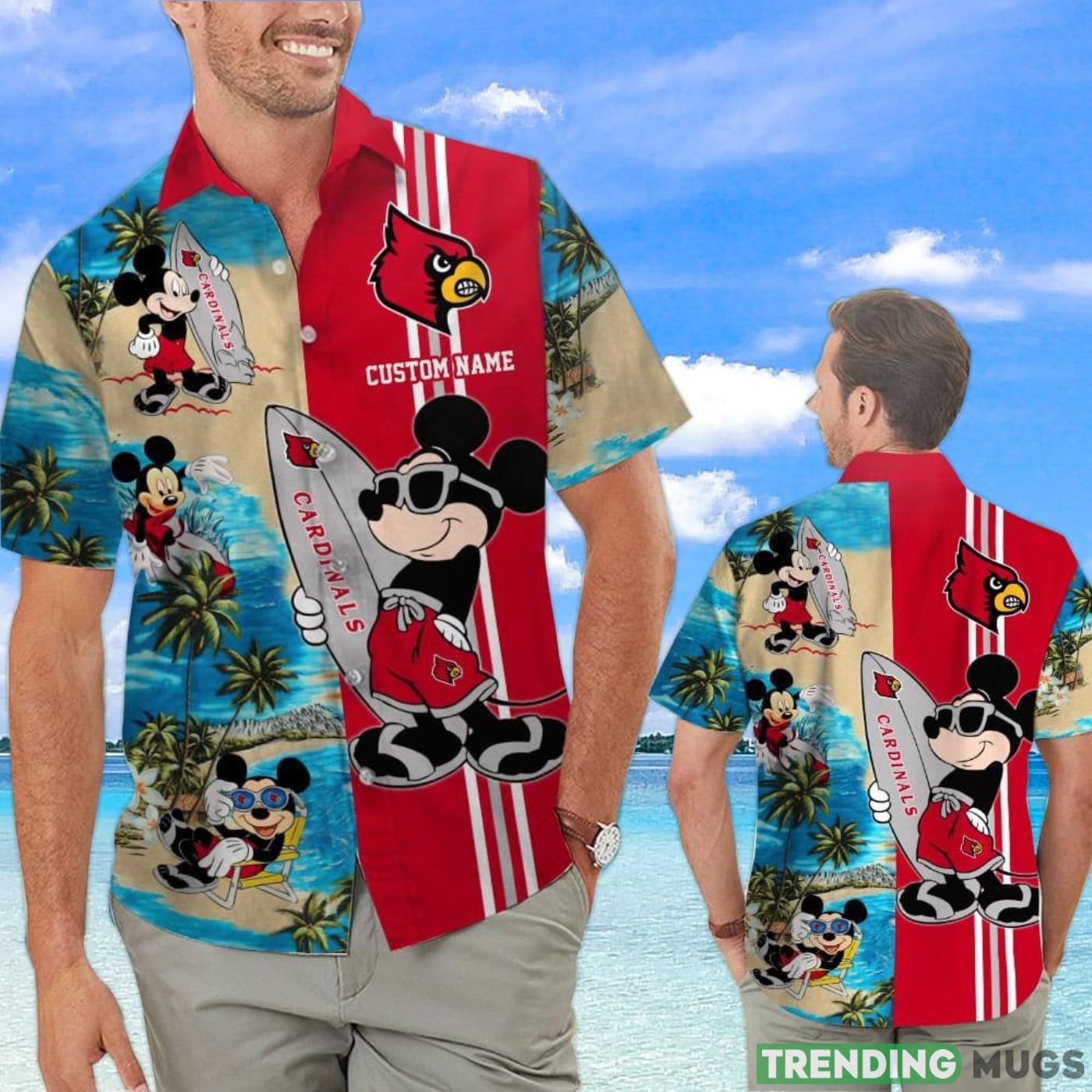 Louisville Cardinals Mickey Surfing Lover Custom Name Hawaiian Shirt Product Photo 1 Louisville Cardinals Mickey Surfing Lover Custom Name Hawaiian Shirt Product Photo 1