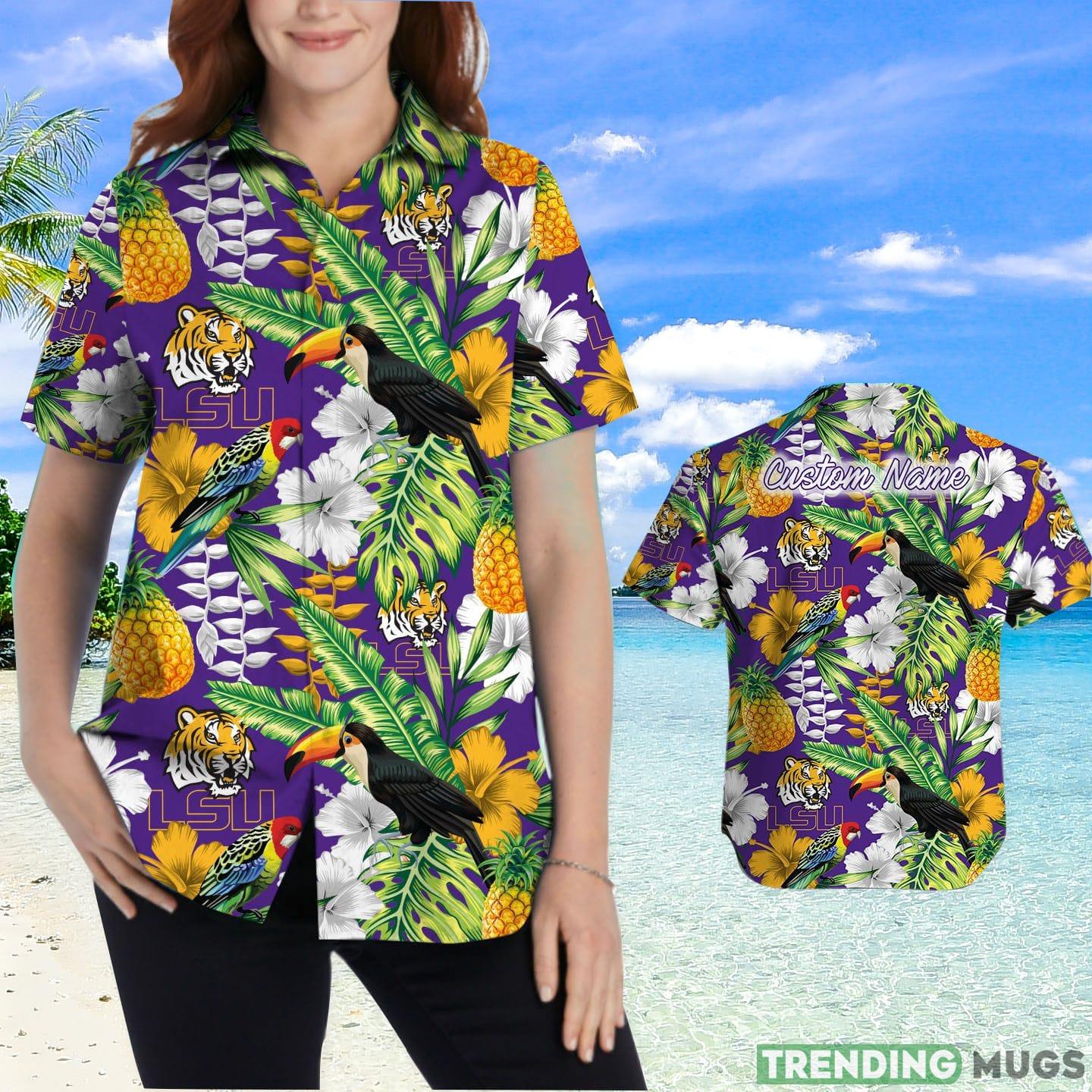 LSU Tigers Custom Name Parrot Floral Tropical Hawaiian Shirt Hawaiian Shirt LSU Tigers Custom Name Parrot Floral Tropical Hawaiian Shirt Hawaiian Shirt