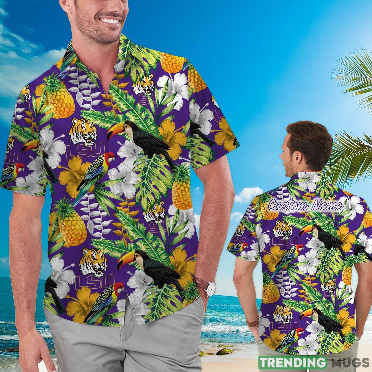 LSU Tigers Custom Name Parrot Floral Tropical Hawaiian Shirt Product Photo 1 LSU Tigers Custom Name Parrot Floral Tropical Hawaiian Shirt Product Photo 1