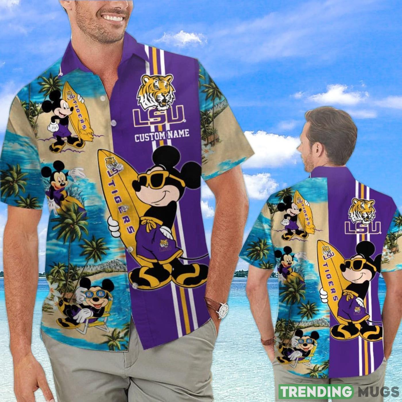 LSU Tigers Mickey Surfing Lover Custom Name Hawaiian Shirt Product Photo 1 LSU Tigers Mickey Surfing Lover Custom Name Hawaiian Shirt Product Photo 1