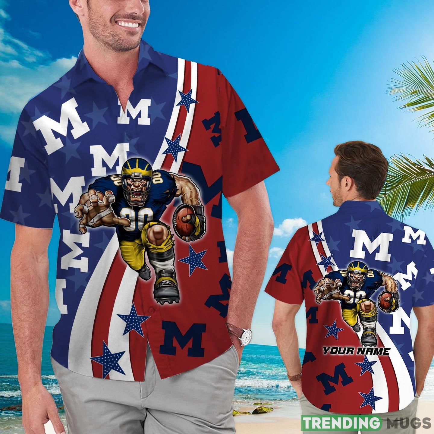 Michigan Wolverines American Flag Custom Name Hawaiian Shirt Product Photo 1 Michigan Wolverines American Flag Custom Name Hawaiian Shirt Product Photo 1