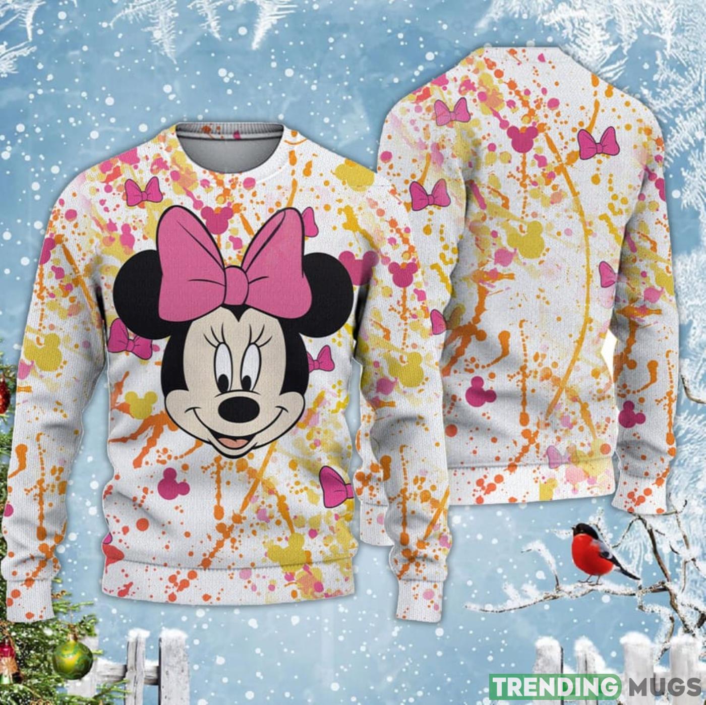 Minnie Mouse Pink Yellow Paint Splatter Disney Carrtoon Lover Ugly Christmas Sweater Product Photo 1 Minnie Mouse Pink Yellow Paint Splatter Disney Carrtoon Lover Ugly Christmas Sweater Product Photo 1