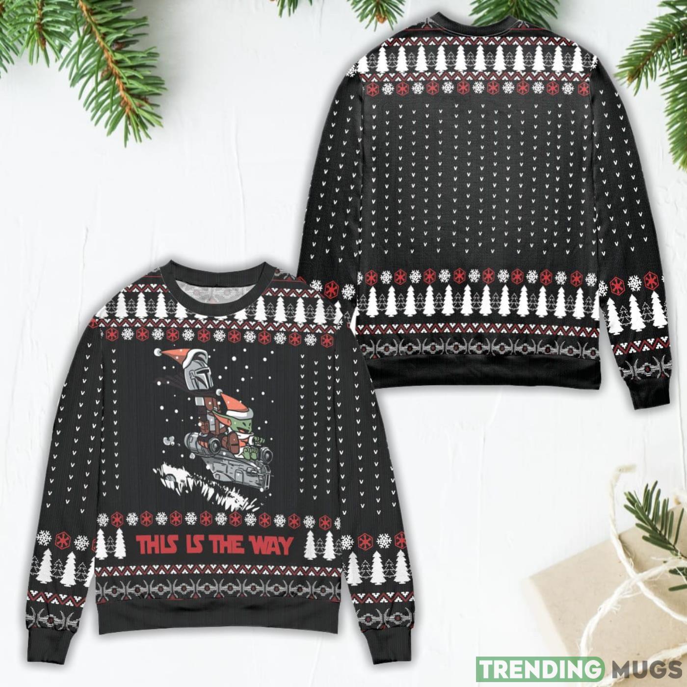 Star Wars Boba Fett & Baby Yoda This Is The Way Pine Tree Pattern Ugly Christmas Sweater Product Photo 1 Star Wars Boba Fett & Baby Yoda This Is The Way Pine Tree Pattern Ugly Christmas Sweater Product Photo 1