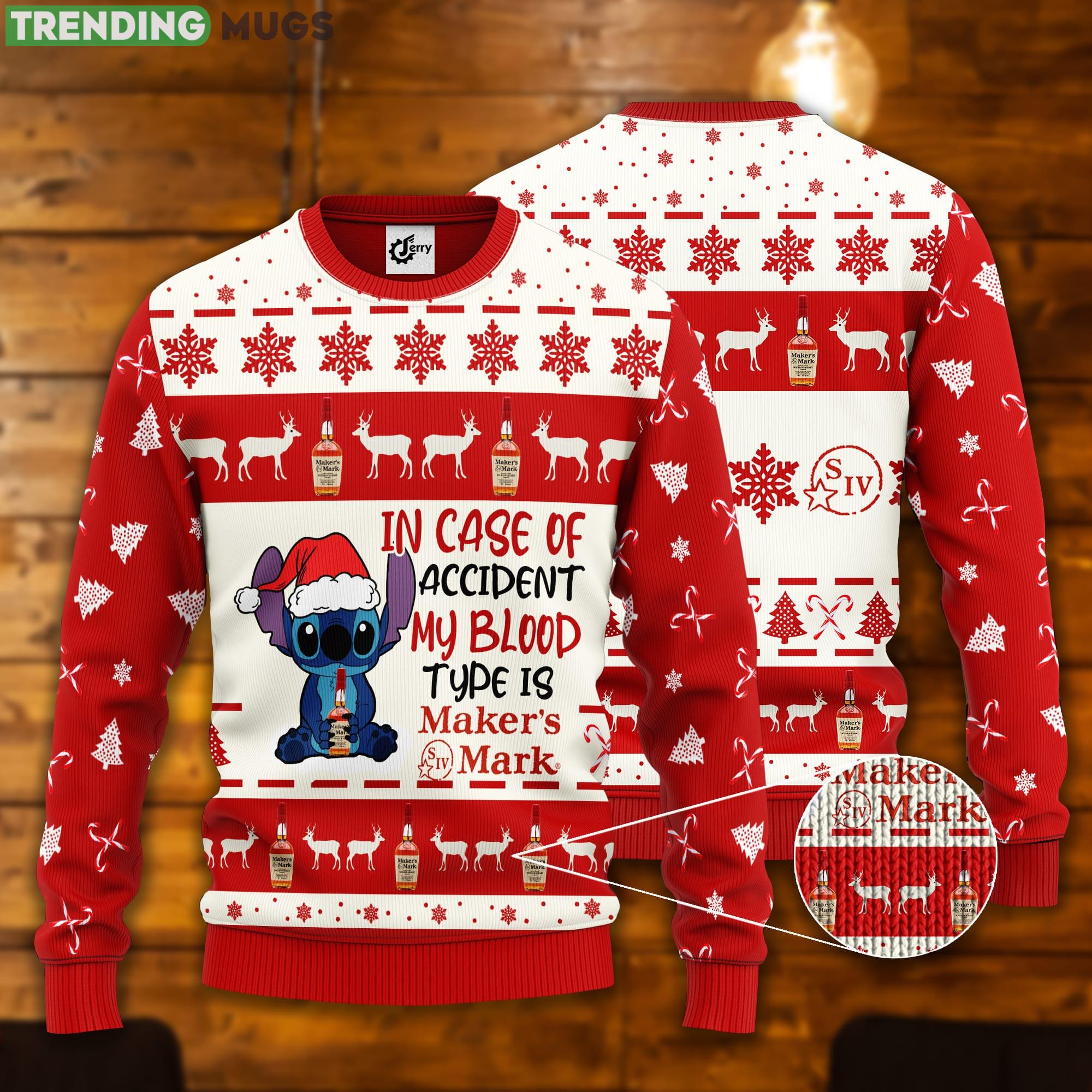 Stitch In Case Of Accident My Blood Type Is Maker's Mark Ugly Christmas Sweater Product Photo 1 Stitch In Case Of Accident My Blood Type Is Maker's Mark Ugly Christmas Sweater Product Photo 1