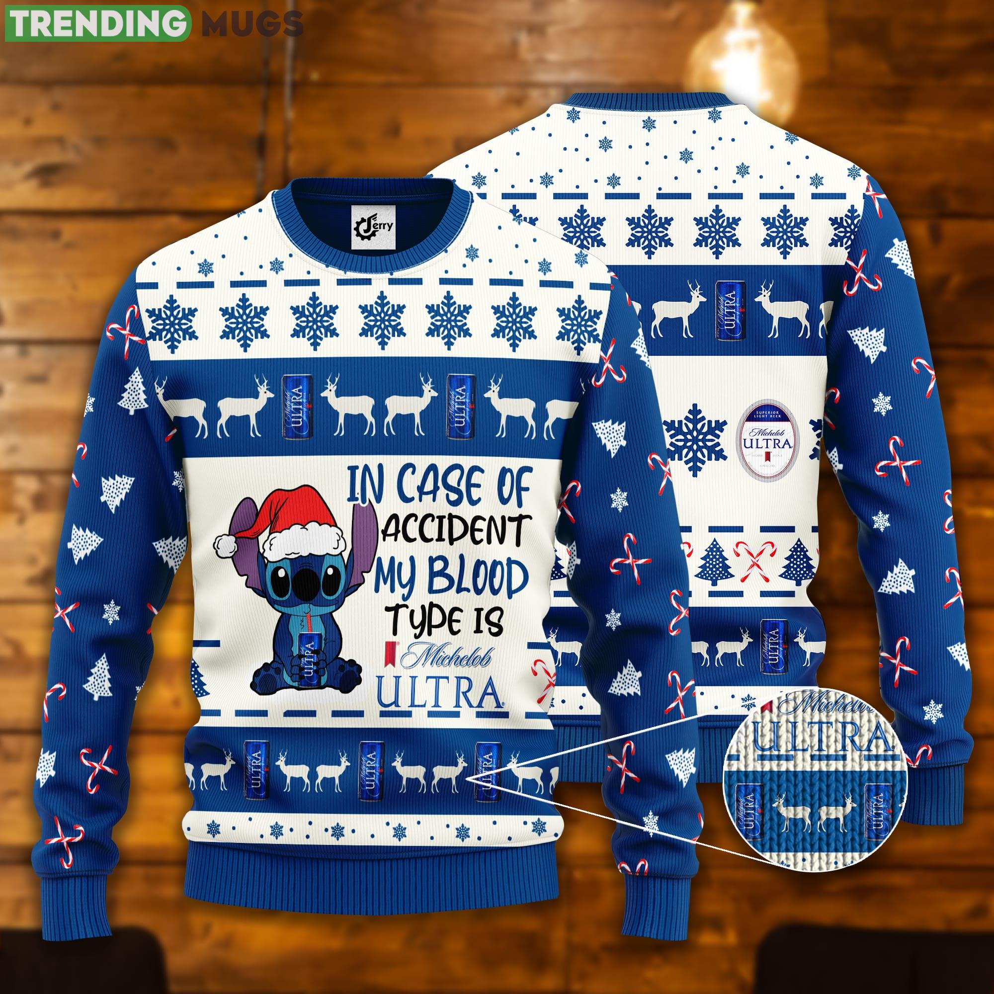 Stitch In Case Of Accident My Blood Type Is Michelob Ultra Ugly Christmas Sweater Product Photo 1 Stitch In Case Of Accident My Blood Type Is Michelob Ultra Ugly Christmas Sweater Product Photo 1