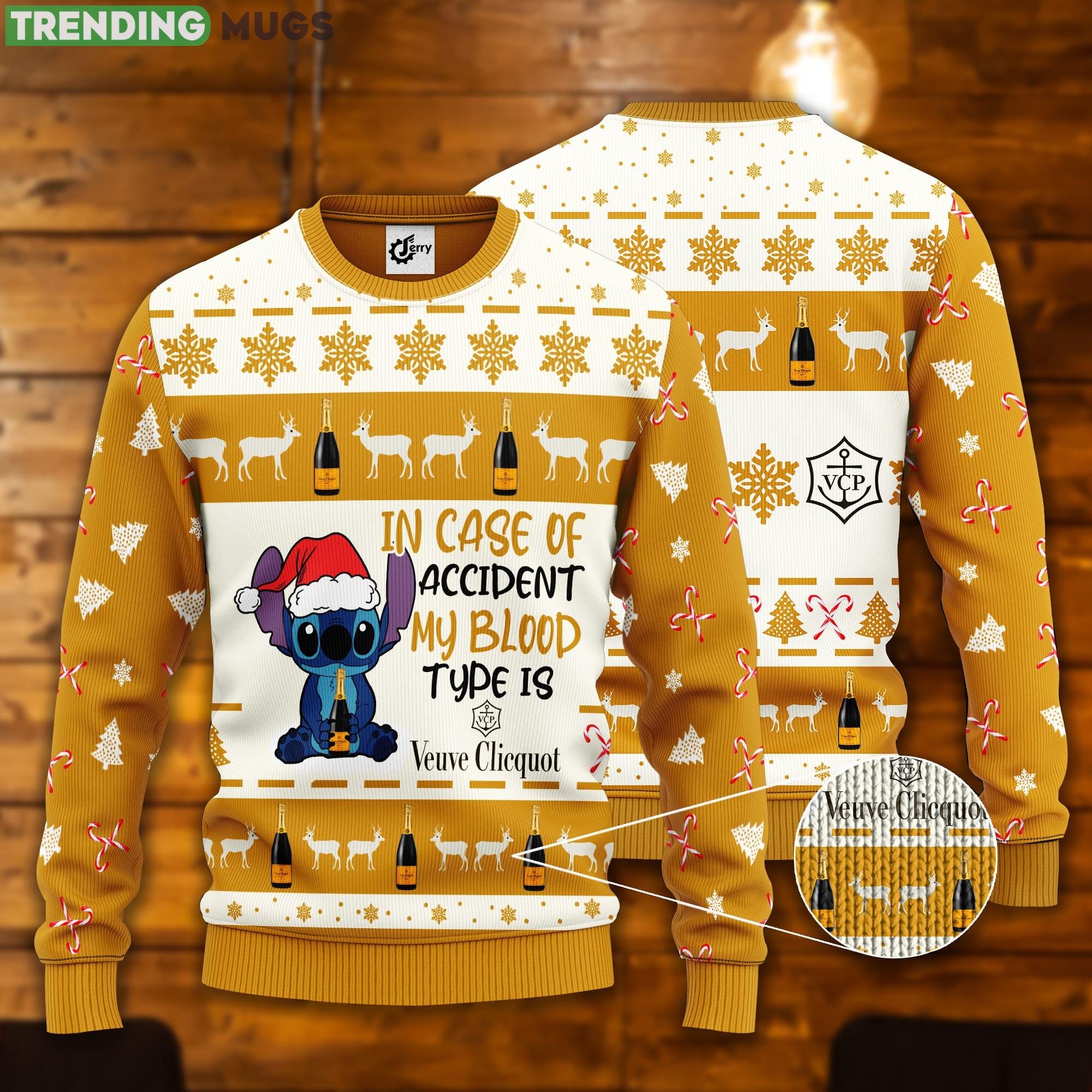 Stitch In Case Of Accident My Blood Type Is Veuve Clicquot Ugly Christmas Sweater Product Photo 1 Stitch In Case Of Accident My Blood Type Is Veuve Clicquot Ugly Christmas Sweater Product Photo 1