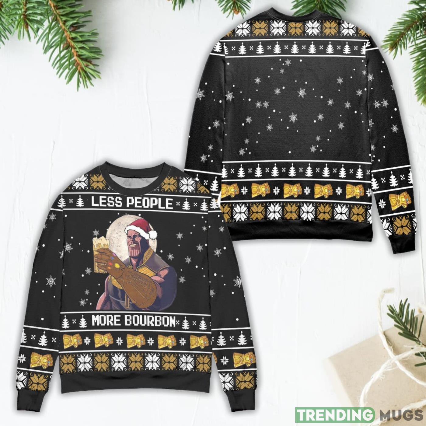 Thanos Less People More Bourbon Snowflake Ugly Christmas Sweater Product Photo 1 Thanos Less People More Bourbon Snowflake Ugly Christmas Sweater Product Photo 1