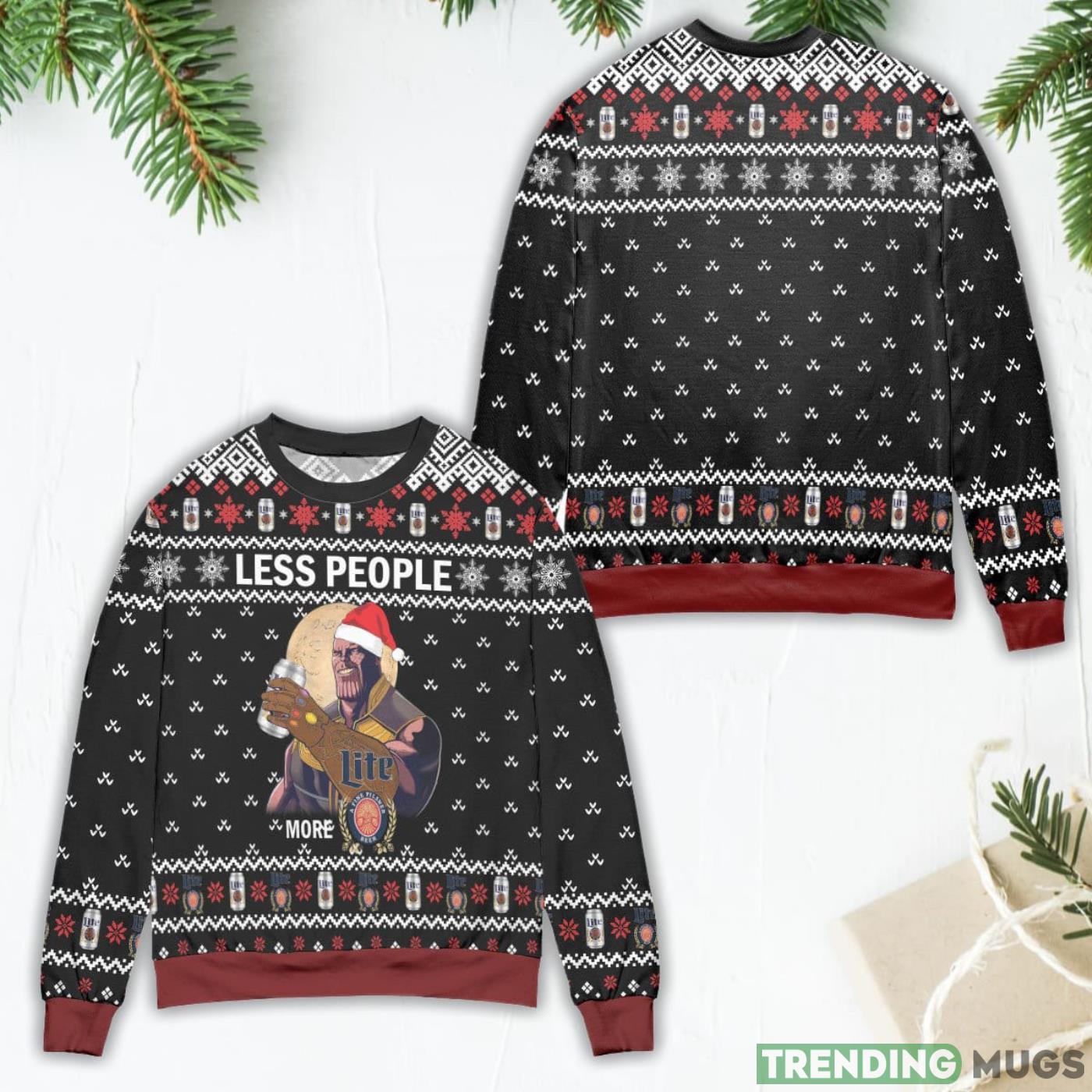 Thanos Less People More Miller Lite Snowflake Pattern Ugly Christmas Sweater Product Photo 1 Thanos Less People More Miller Lite Snowflake Pattern Ugly Christmas Sweater Product Photo 1