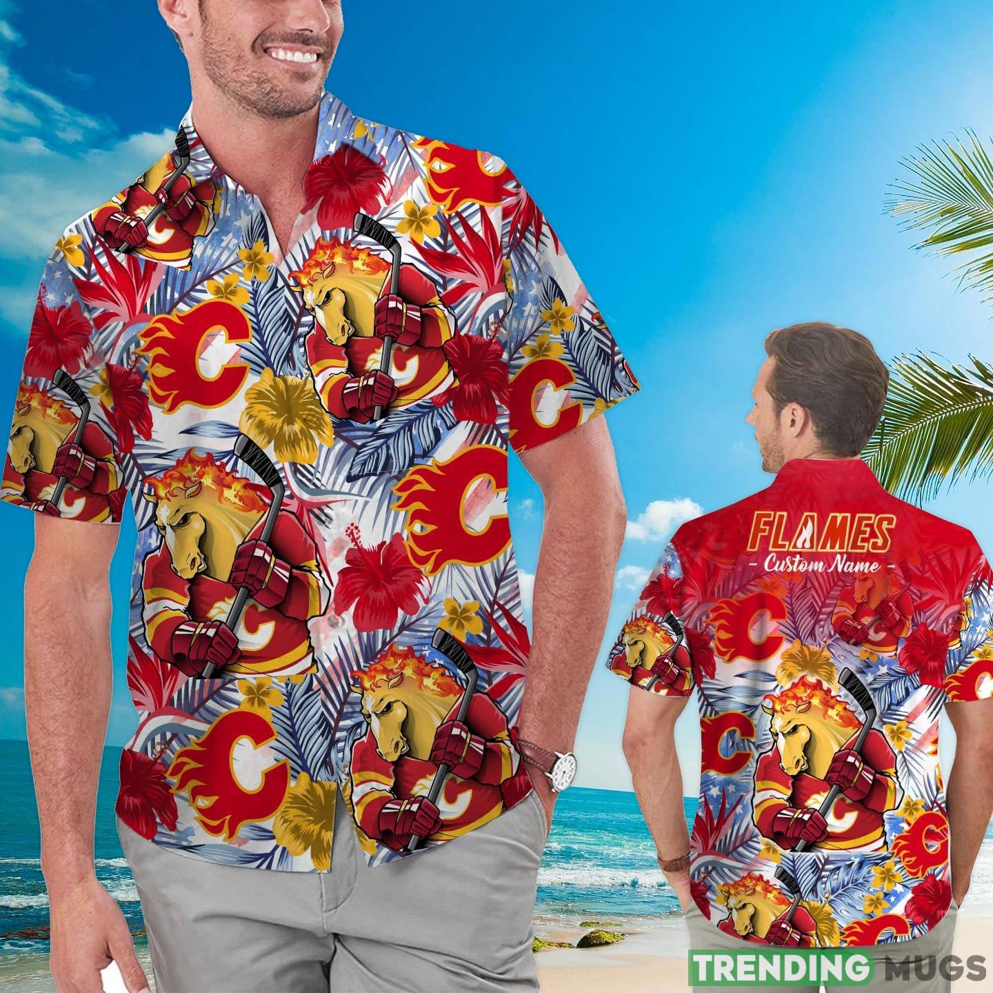 Calgary Flames Tropical Floral Custom Name Aloha Hawaiian Shirt Product Photo 1 Calgary Flames Tropical Floral Custom Name Aloha Hawaiian Shirt Product Photo 1