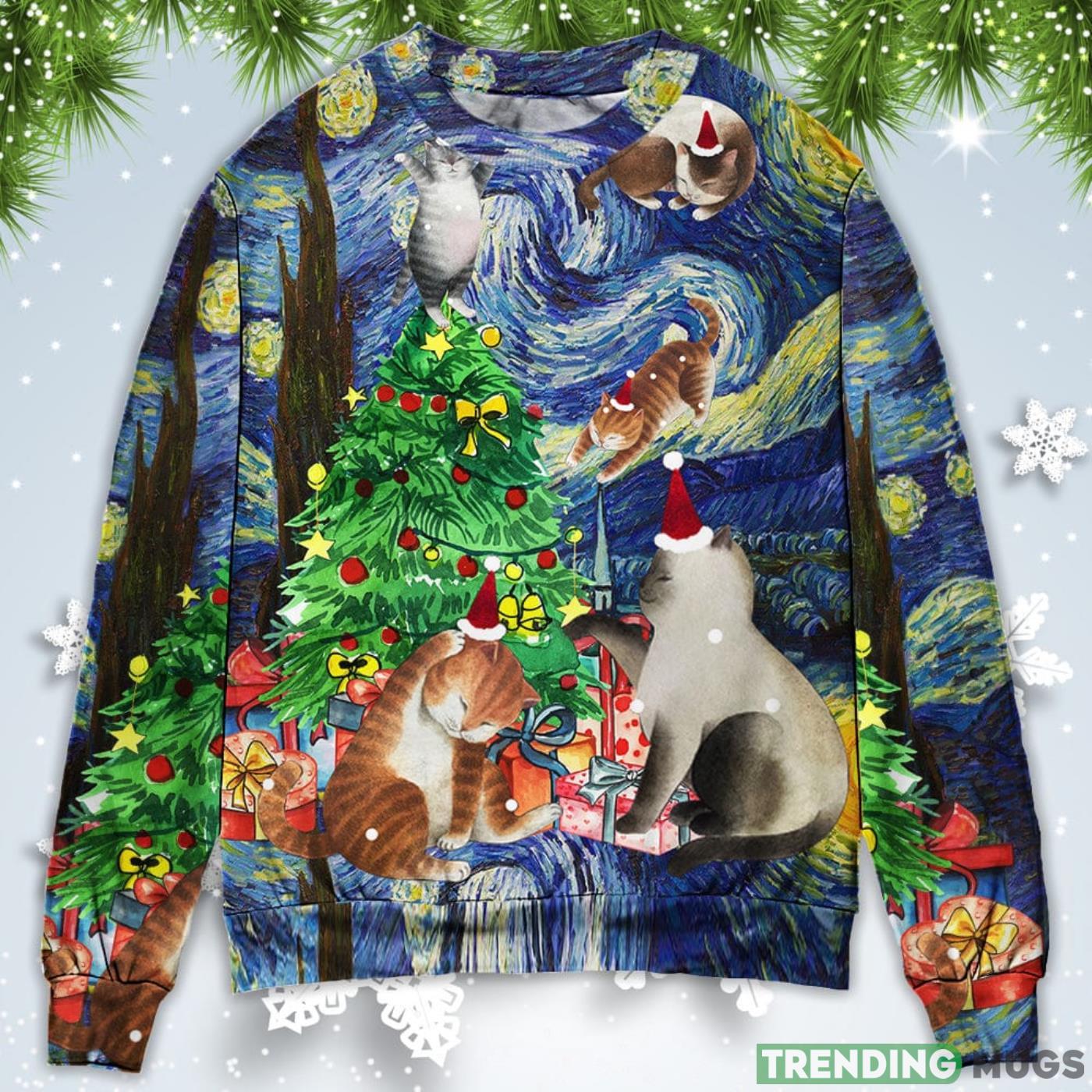 Cat Playing In Starry Night Christmas Sweatshirt Sweater Product Photo 1 Cat Playing In Starry Night Christmas Sweatshirt Sweater Product Photo 1