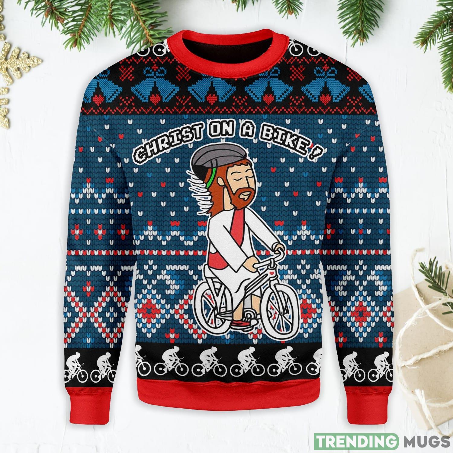 Jesus Riding Bicycle Ugly Christmas Sweater Product Photo 1 Jesus Riding Bicycle Ugly Christmas Sweater Product Photo 1