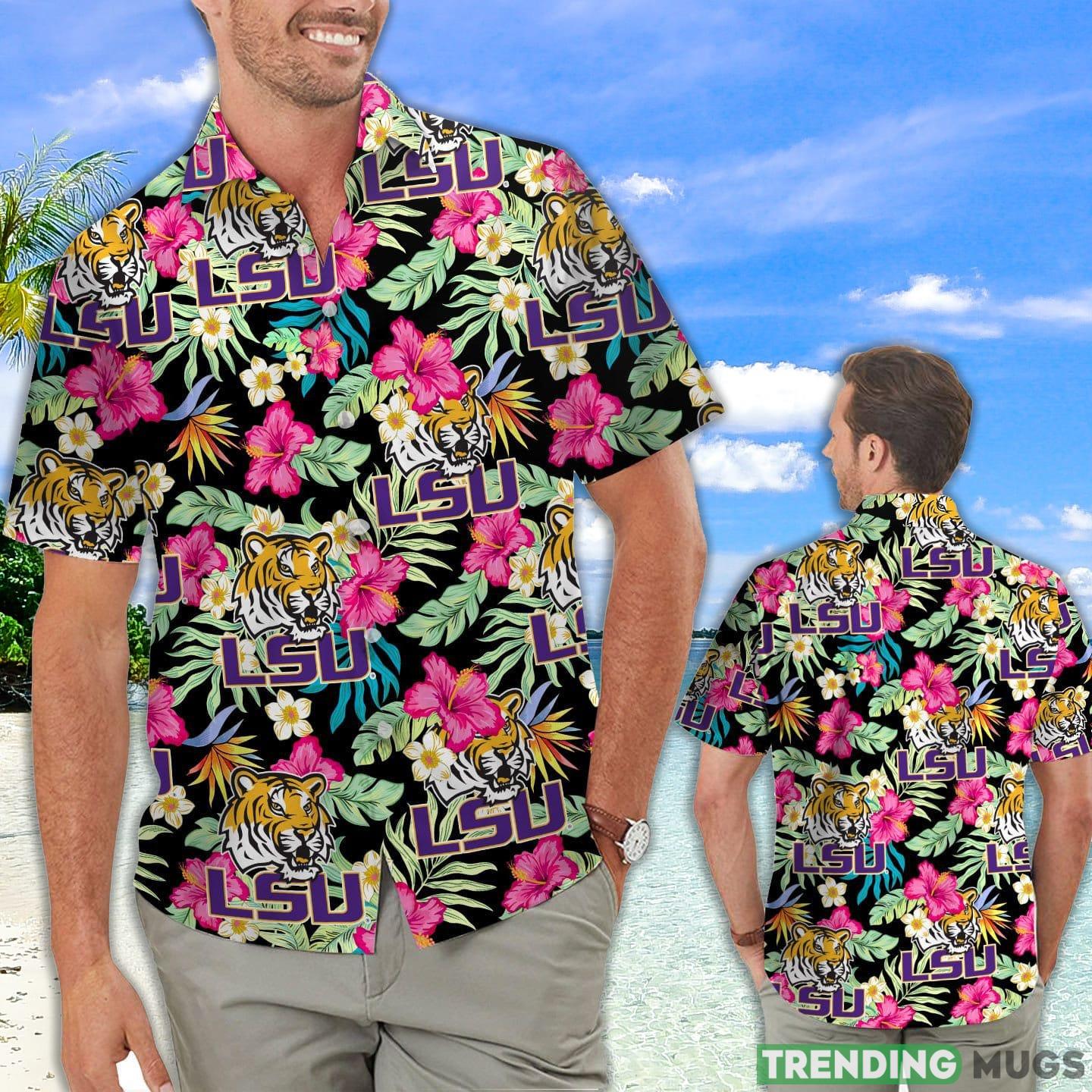 LSU Tigers Louisiana State University Hibiscus Hawaiian Shirt Product Photo 1 LSU Tigers Louisiana State University Hibiscus Hawaiian Shirt Product Photo 1