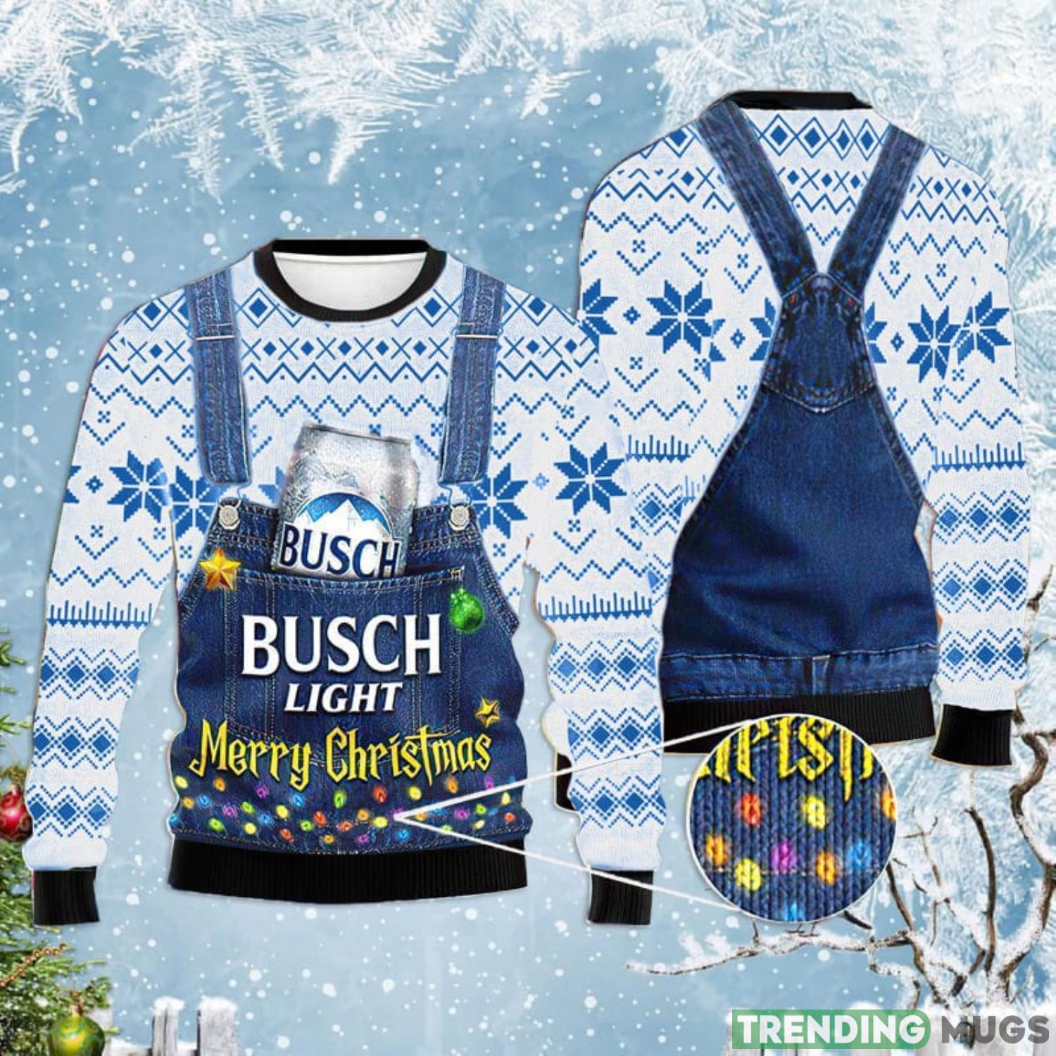 Merry Christmas Busch Light Light Blue Ugly Christmas Sweater Product Photo 1 Merry Christmas Busch Light Light Blue Ugly Christmas Sweater Product Photo 1
