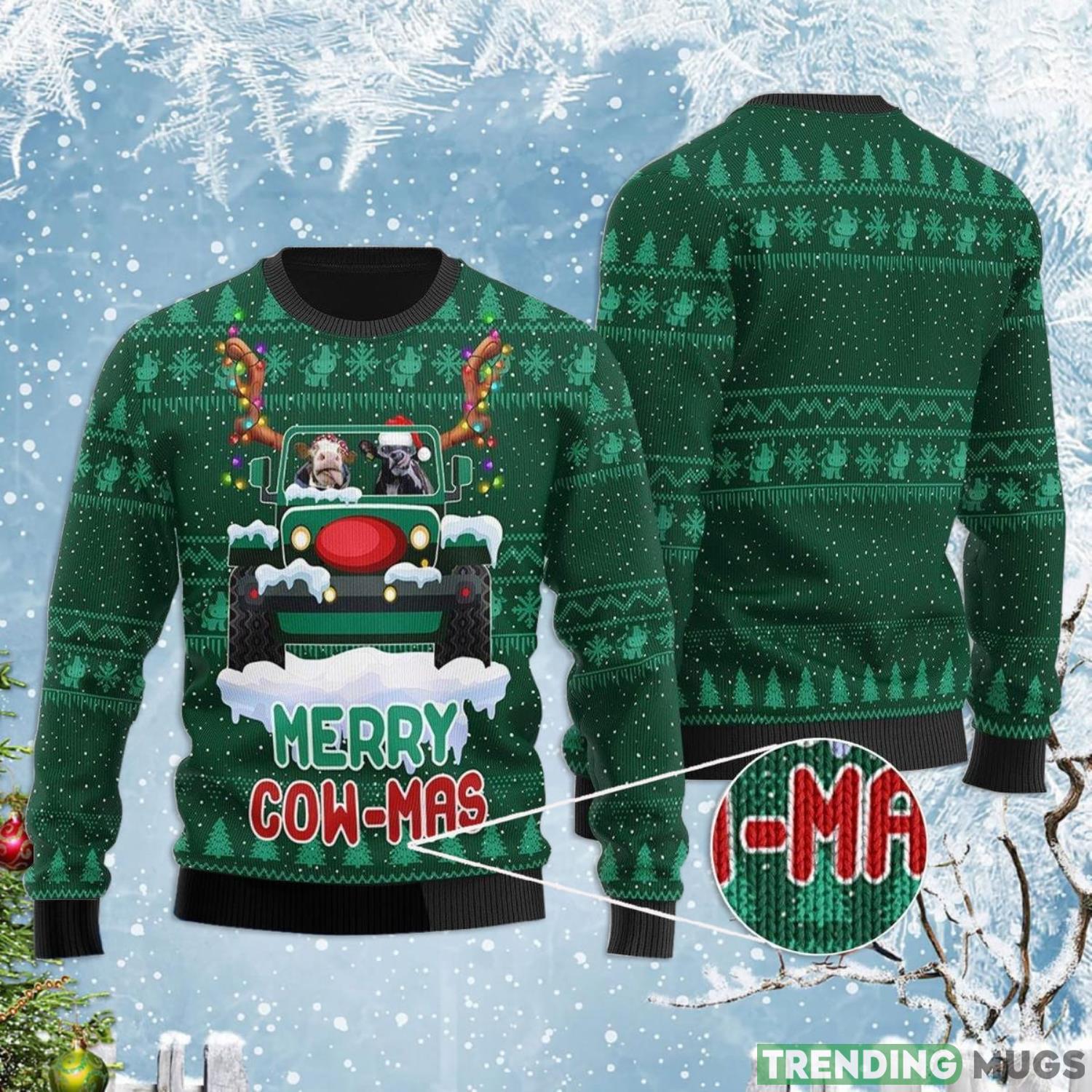 Merry Cow-Mas Jeep Ugly Christmas Sweater Product Photo 1 Merry Cow-Mas Jeep Ugly Christmas Sweater Product Photo 1