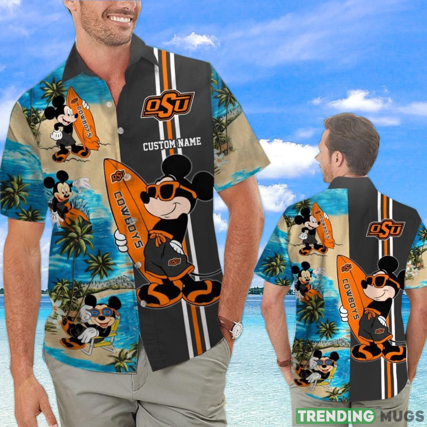 Oklahoma State Cowboys Mickey Surfing Lover Custom Name Hawaiian Shirt Product Photo 1 Oklahoma State Cowboys Mickey Surfing Lover Custom Name Hawaiian Shirt Product Photo 1