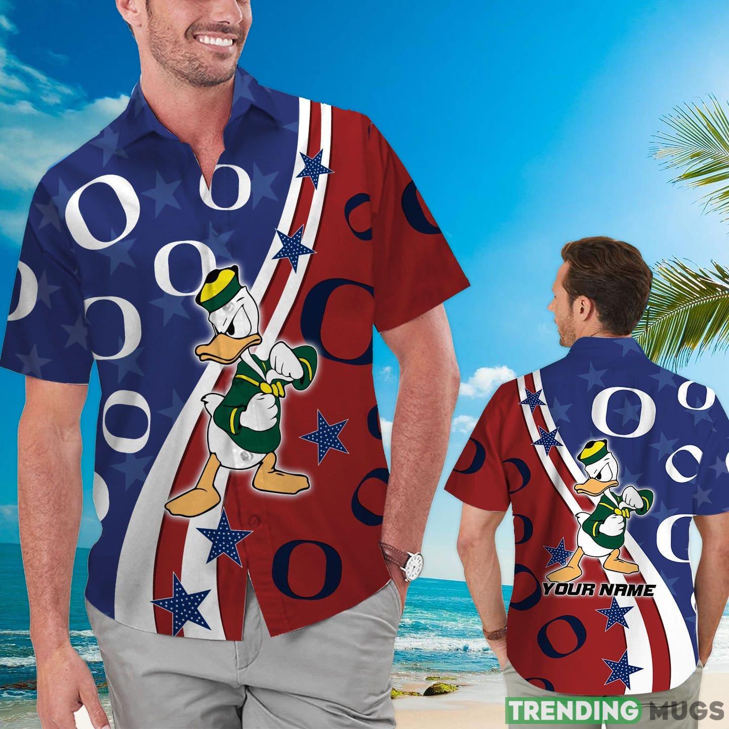 Oregon Ducks American Flag Custom Name Hawaiian Shirt Product Photo 1 Oregon Ducks American Flag Custom Name Hawaiian Shirt Product Photo 1