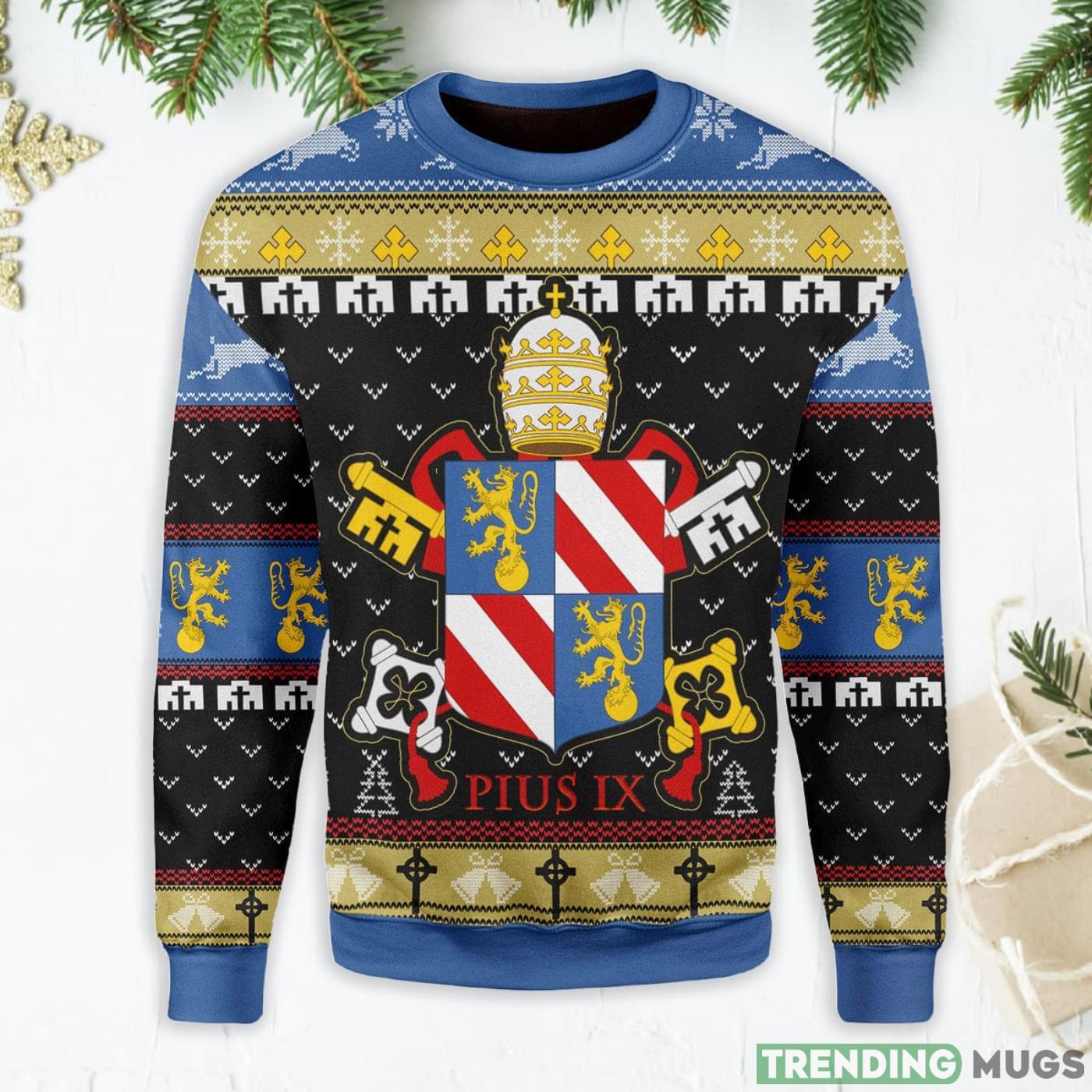 Pope Pius IX Coat Of Arms Ugly Christmas Sweater Product Photo 1 Pope Pius IX Coat Of Arms Ugly Christmas Sweater Product Photo 1
