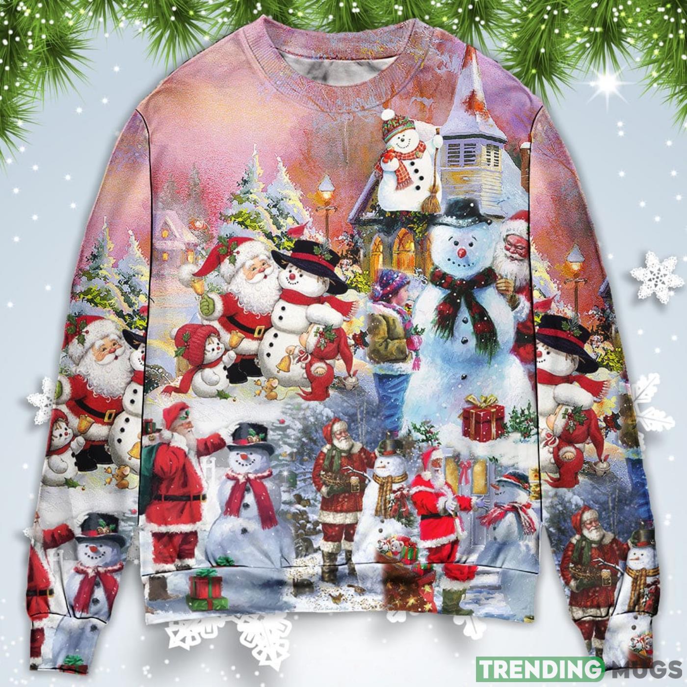 Santa And Snowman Snow Village Christmas Sweatshirt Sweater Sweater Santa And Snowman Snow Village Christmas Sweatshirt Sweater Sweater