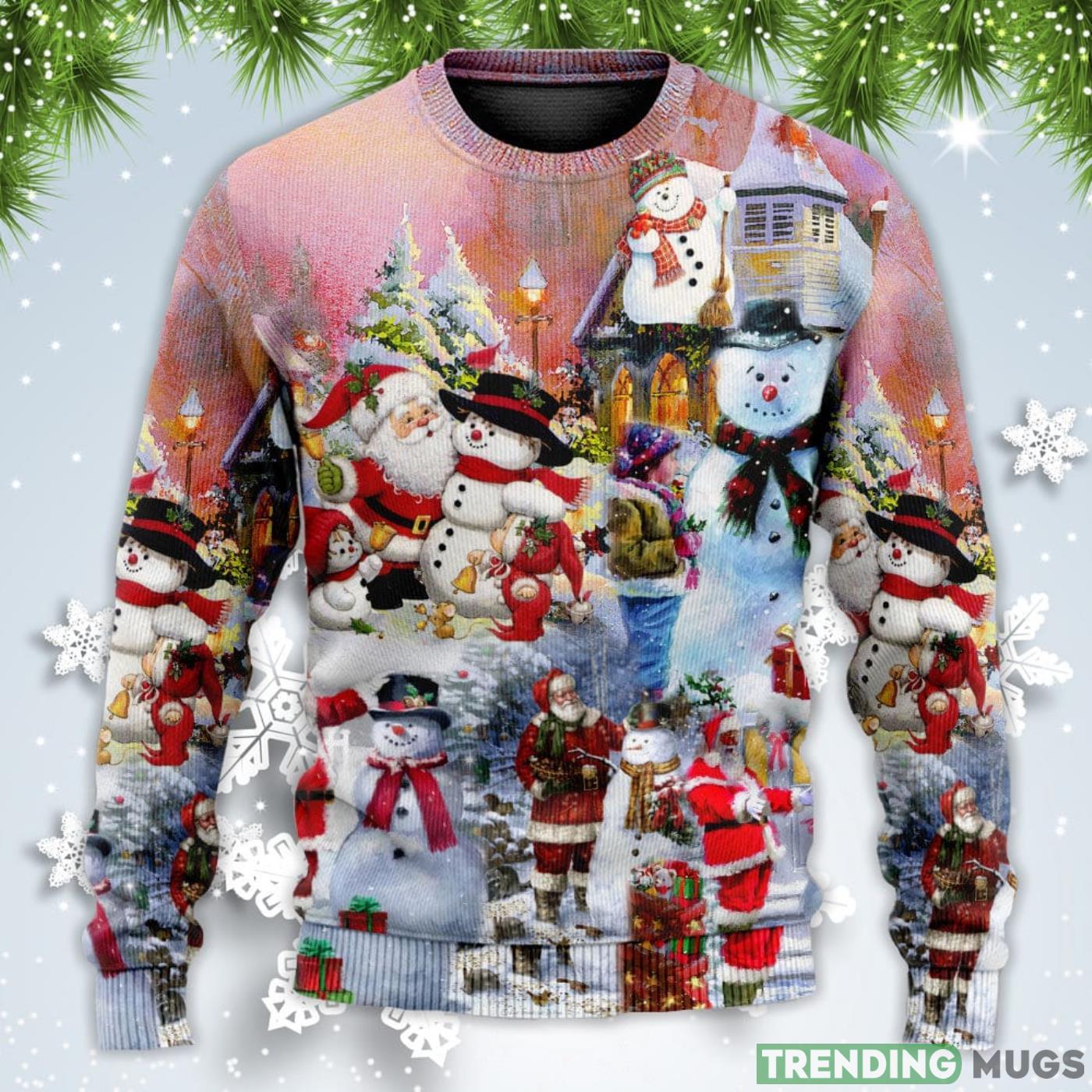 Santa And Snowman Snow Village Christmas Sweatshirt Sweater Sweater Santa And Snowman Snow Village Christmas Sweatshirt Sweater Sweater