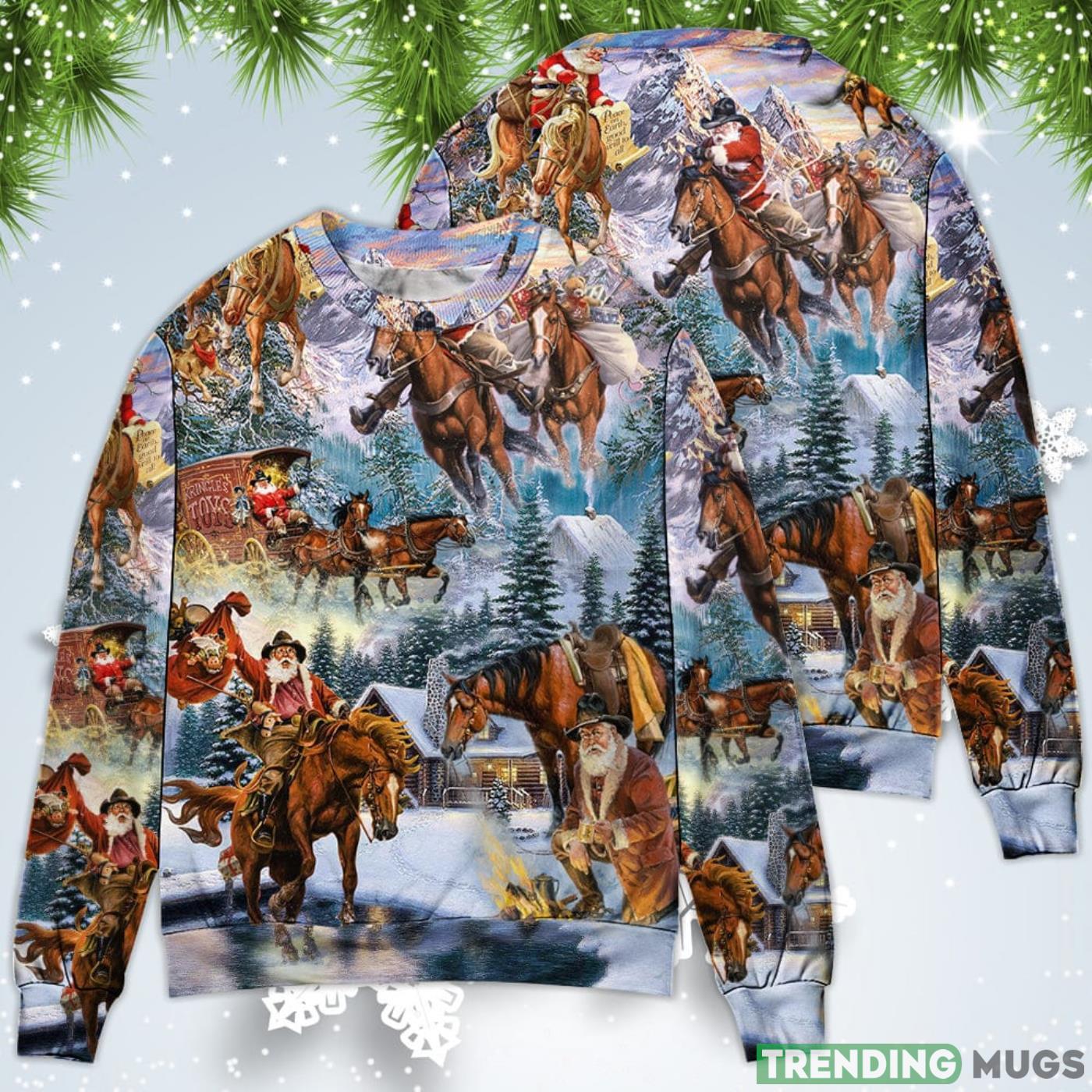 Santa Claus Riding Horse Snow Mountain Art Style Christmas Sweatshirt Sweater Sweater Santa Claus Riding Horse Snow Mountain Art Style Christmas Sweatshirt Sweater Sweater