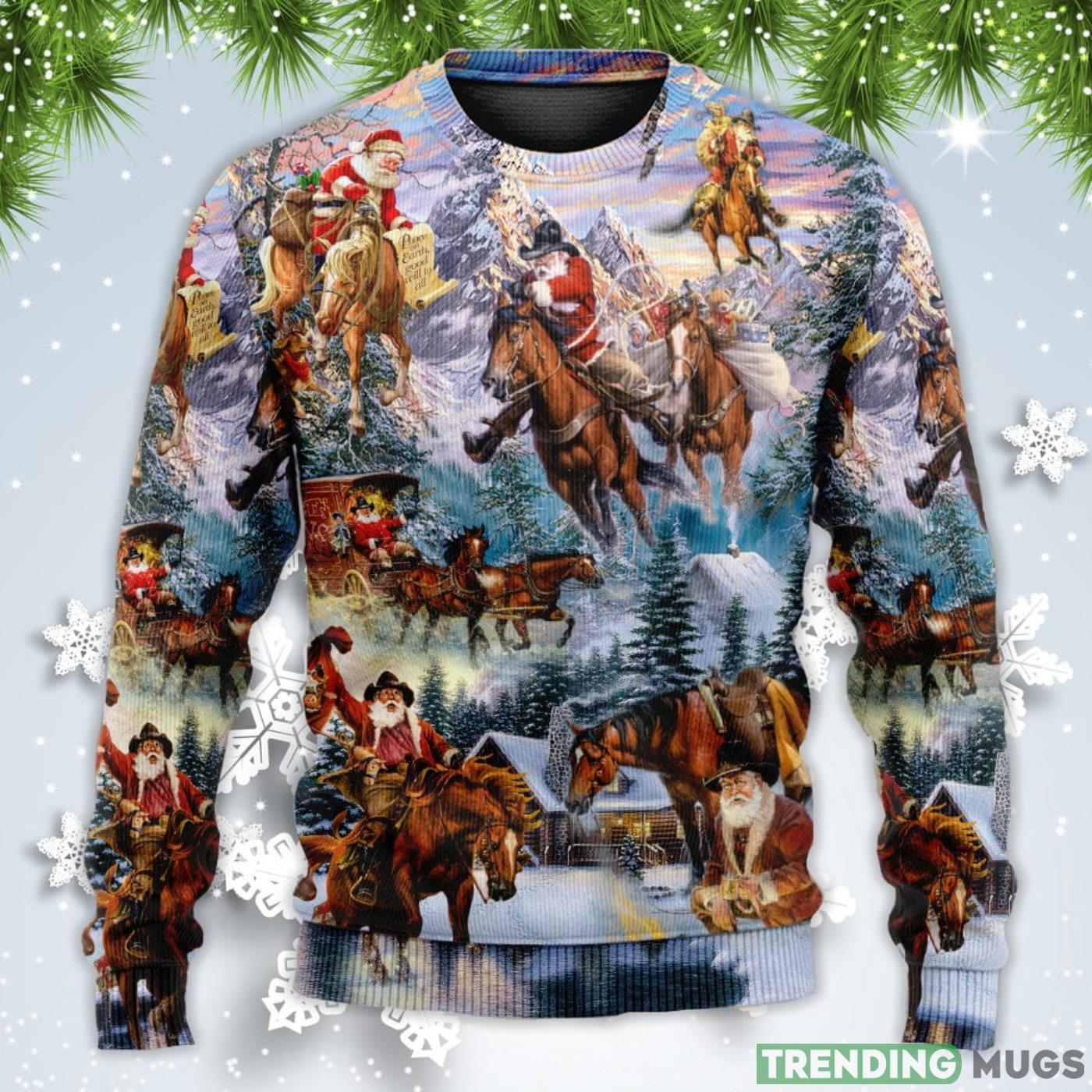 Santa Claus Riding Horse Snow Mountain Art Style Christmas Sweatshirt Sweater Sweater Santa Claus Riding Horse Snow Mountain Art Style Christmas Sweatshirt Sweater Sweater