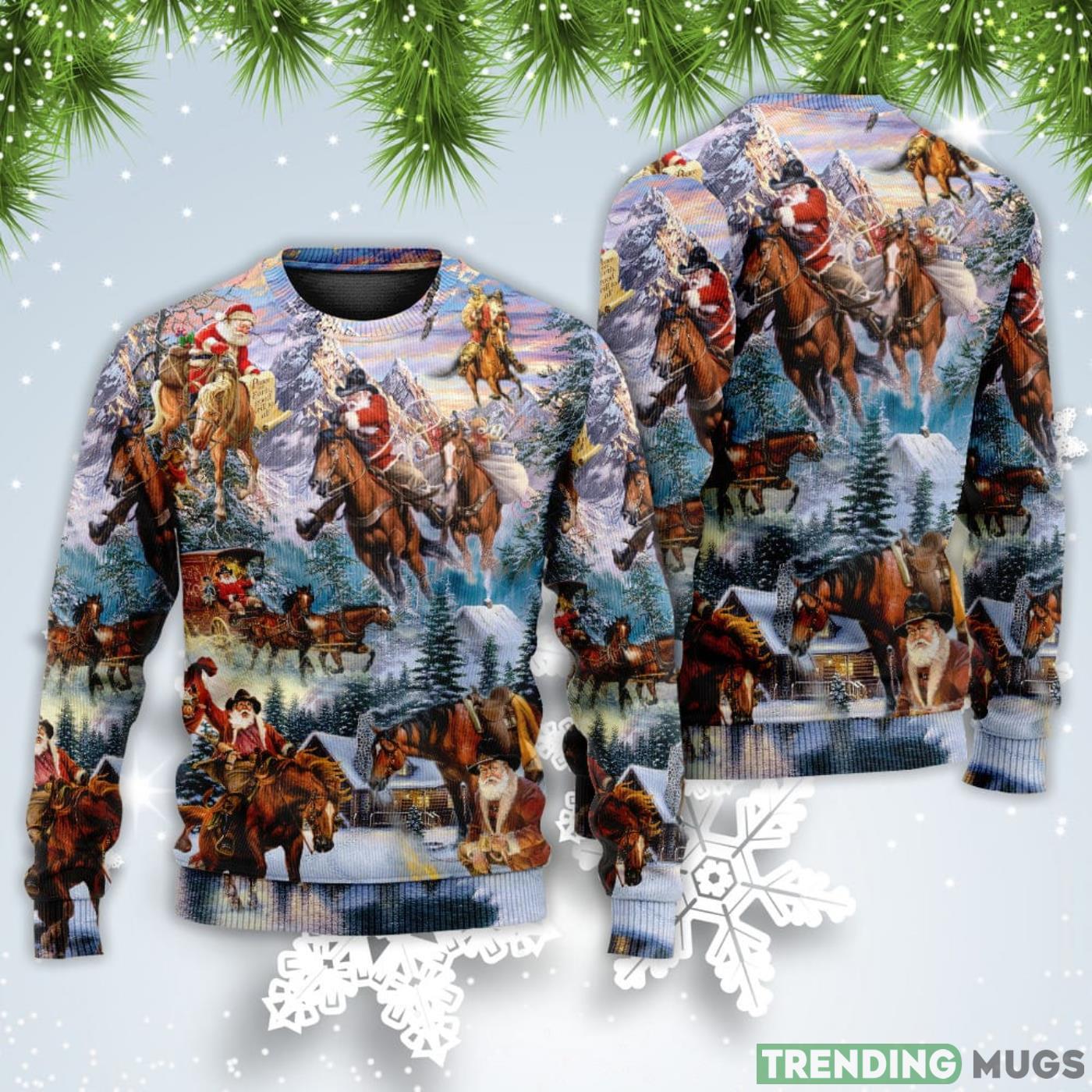Santa Claus Riding Horse Snow Mountain Art Style Christmas Sweatshirt Sweater Sweater Santa Claus Riding Horse Snow Mountain Art Style Christmas Sweatshirt Sweater Sweater