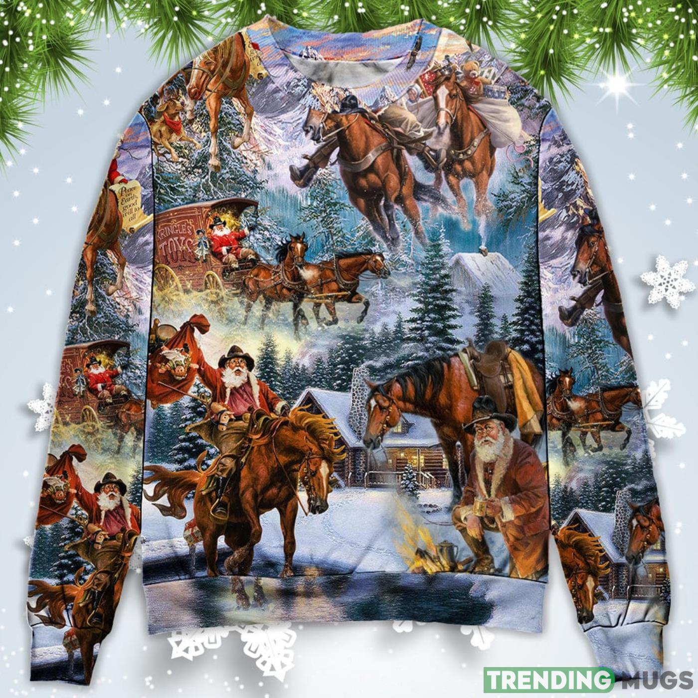 Santa Claus Riding Horse Snow Mountain Art Style Christmas Sweatshirt Sweater Product Photo 1 Santa Claus Riding Horse Snow Mountain Art Style Christmas Sweatshirt Sweater Product Photo 1