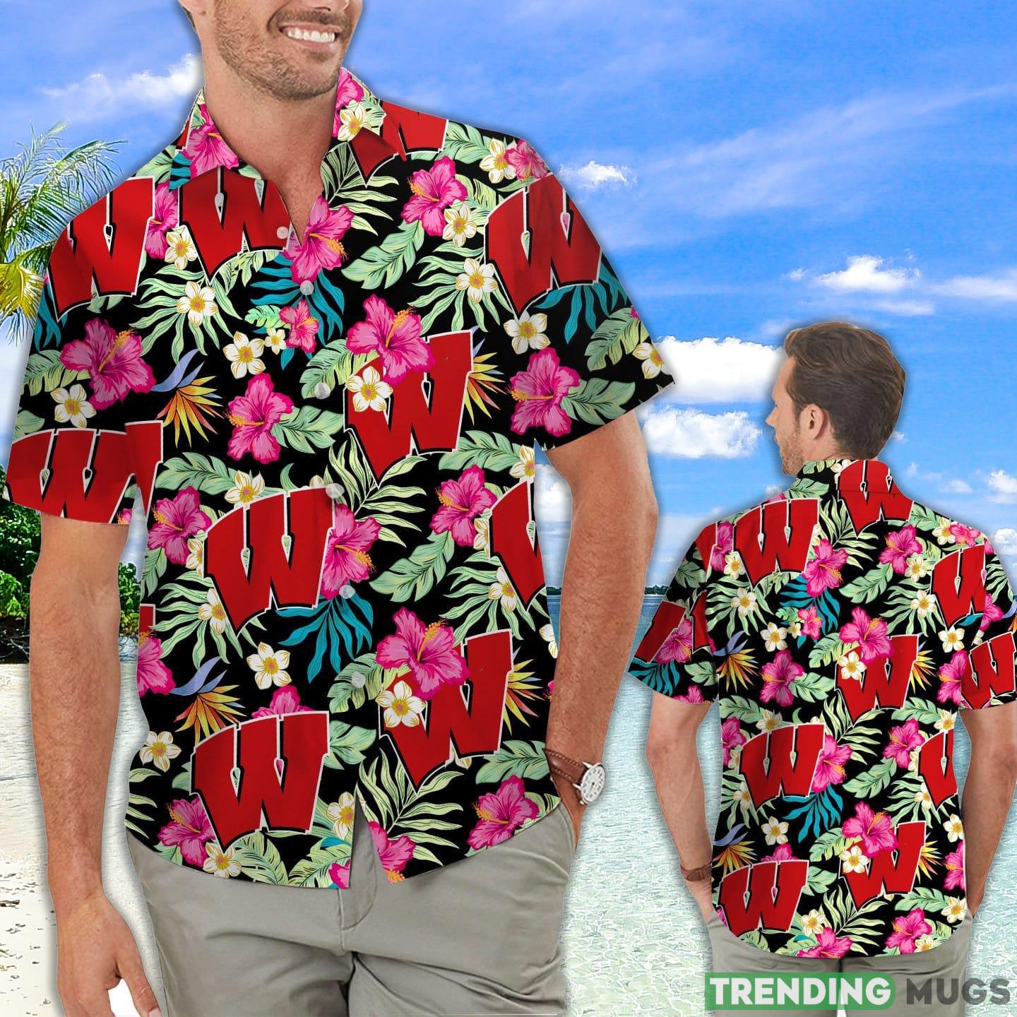 Wisconsin Badgers Hibiscus Hawaiian Shirt For Fans Product Photo 1 Wisconsin Badgers Hibiscus Hawaiian Shirt For Fans Product Photo 1