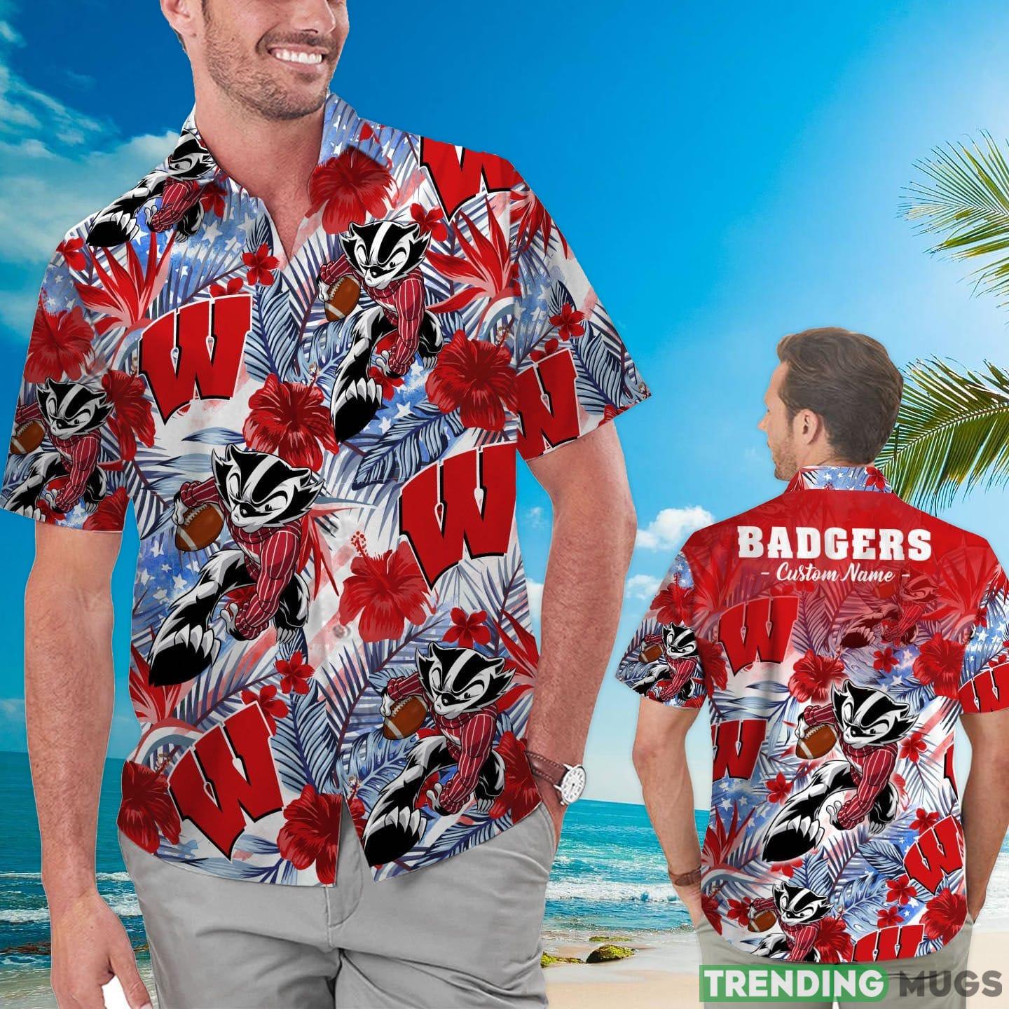 Wisconsin Badgers Tropical Floral Custom Name Aloha Hawaiian Shirt Product Photo 1 Wisconsin Badgers Tropical Floral Custom Name Aloha Hawaiian Shirt Product Photo 1
