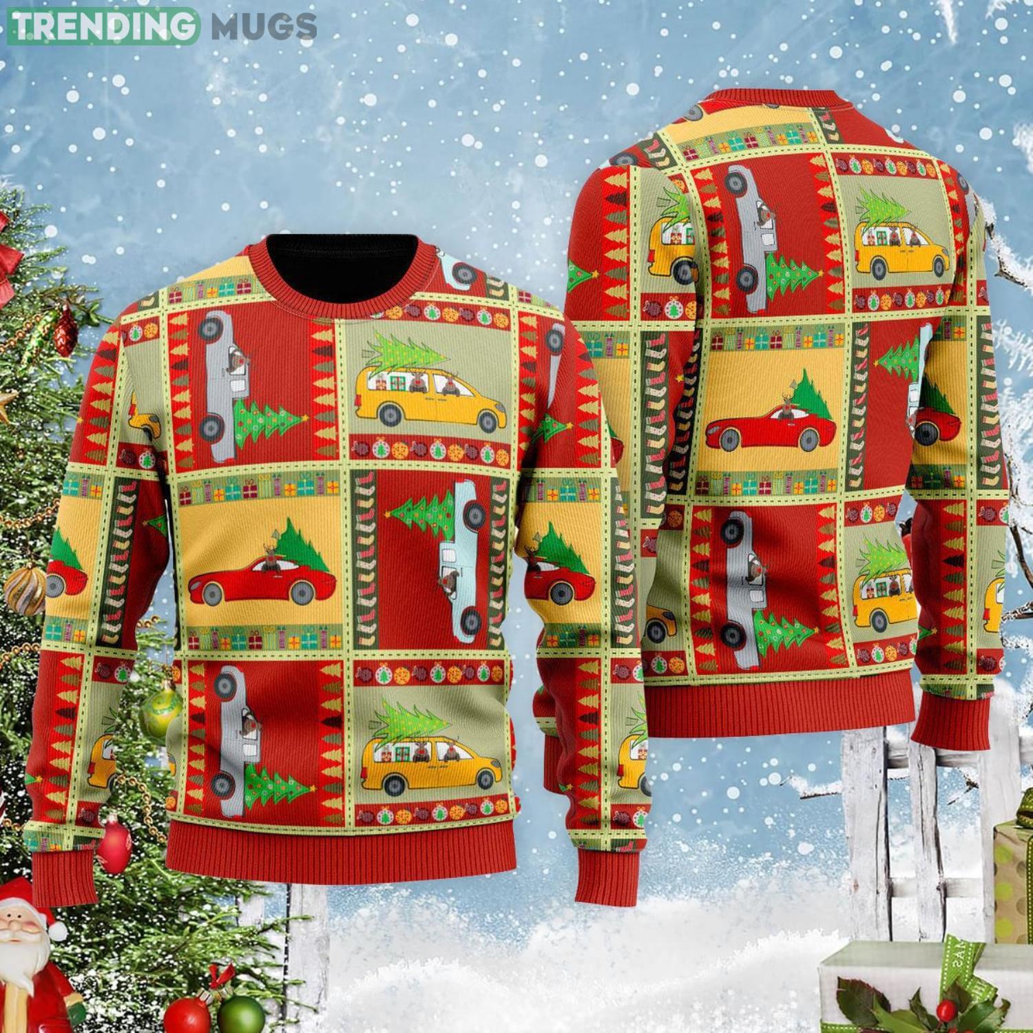 Funny Patchwork Reindeer On Car Ugly Christmas Sweater Product Photo 1 Funny Patchwork Reindeer On Car Ugly Christmas Sweater Product Photo 1