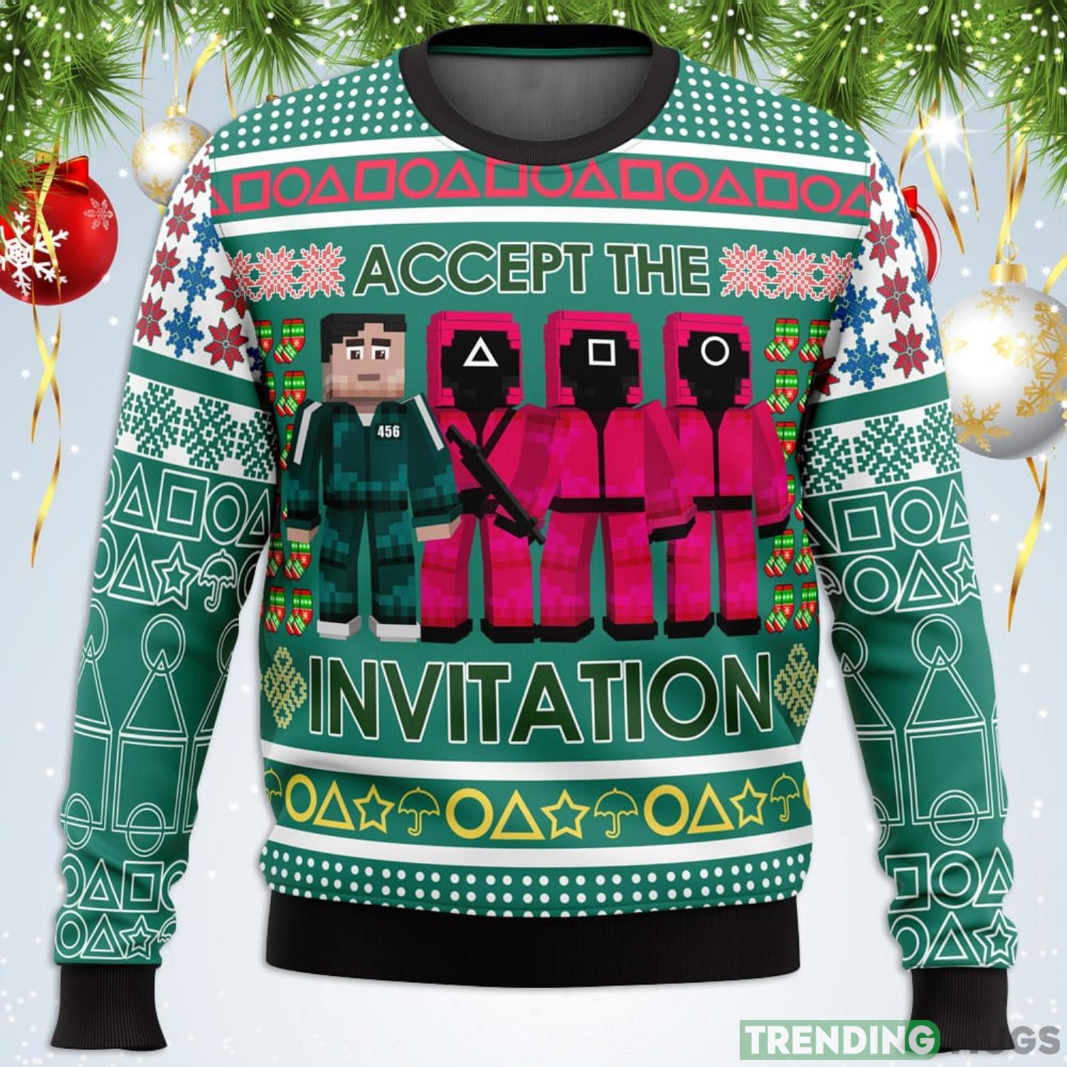 Squid Game Invitation Ugly Christmas Sweater For Men And Women Product Photo 1 Squid Game Invitation Ugly Christmas Sweater For Men And Women Product Photo 1