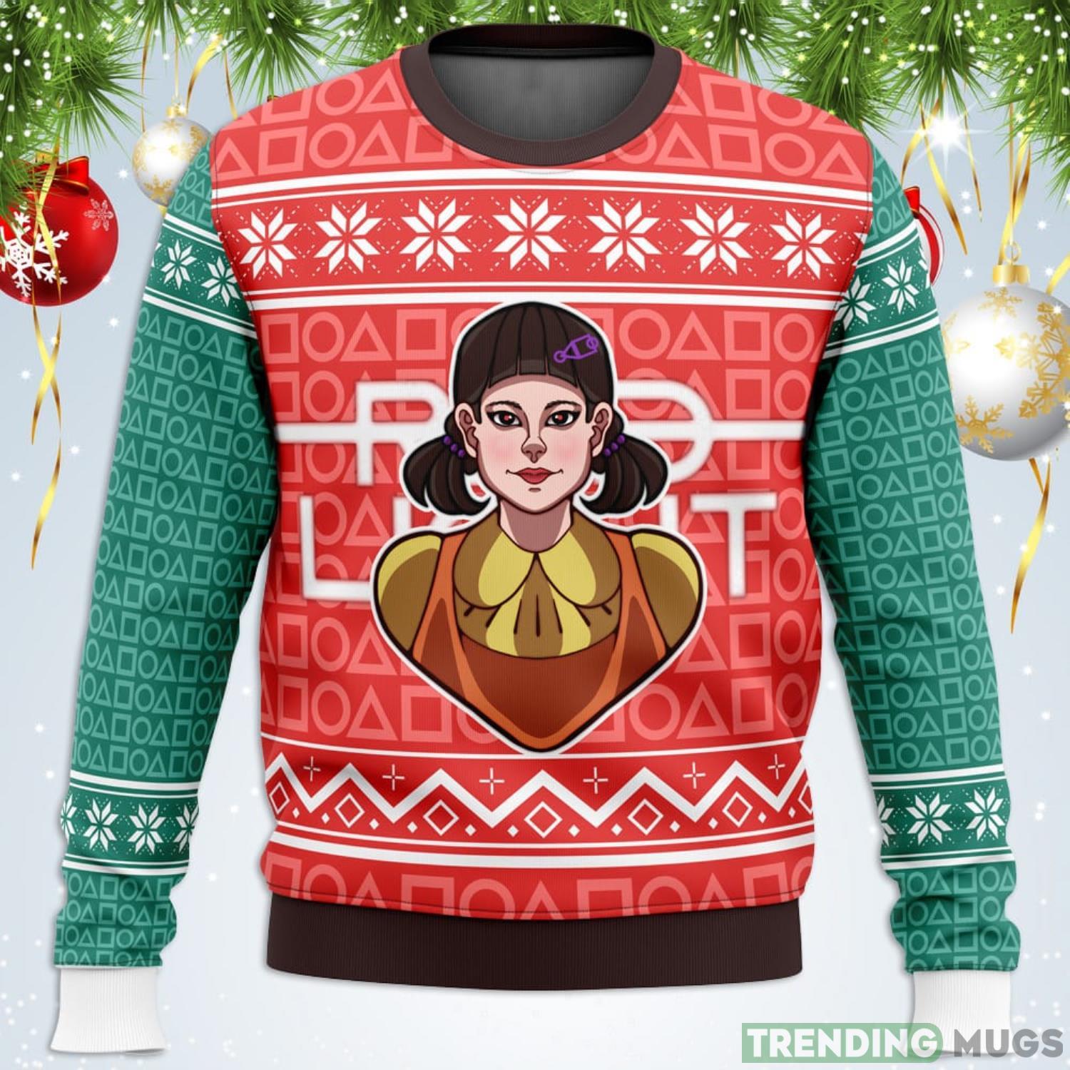 Squid Game Red Light Green Light Doll Ugly Christmas Sweater For Men And Women Product Photo 1 Squid Game Red Light Green Light Doll Ugly Christmas Sweater For Men And Women Product Photo 1