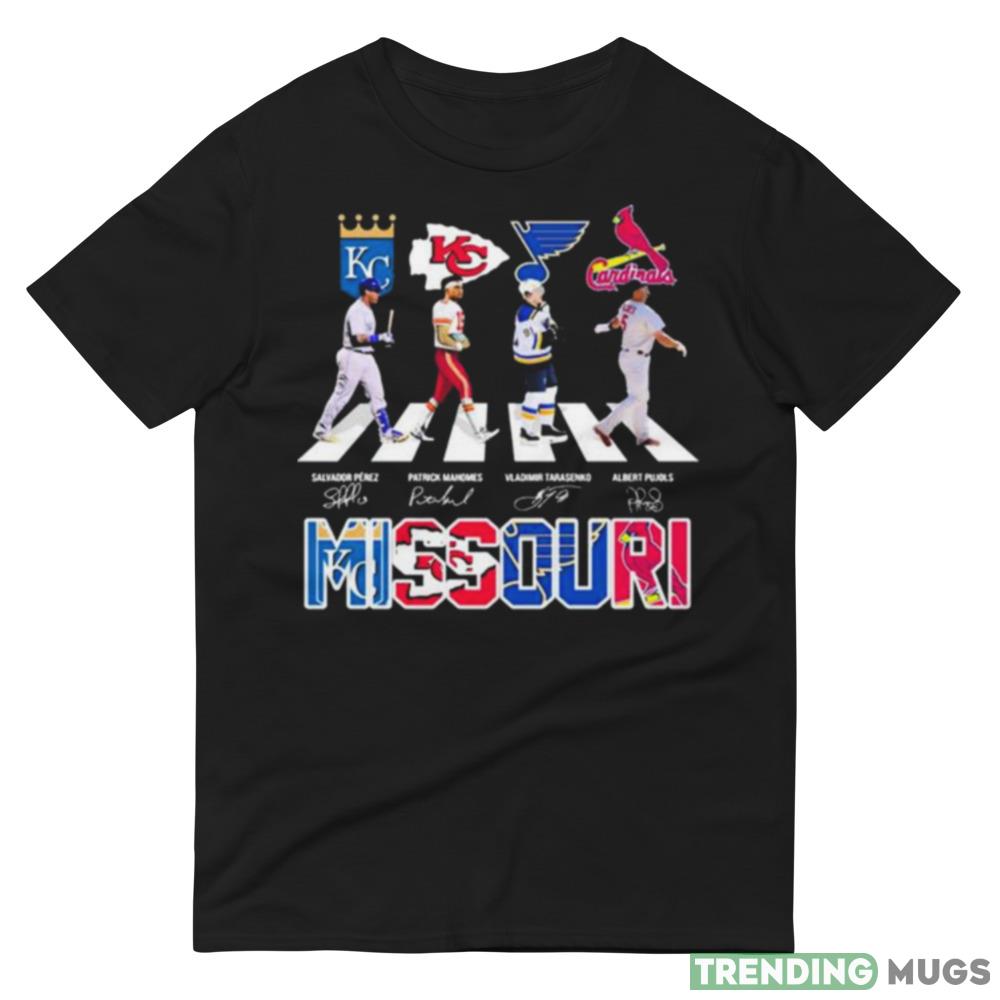 Missouri Teams Sport Salvador Perez Patrick Mahomes Vladimir Tarasenko and Albert Pujols Signature T Shirts Dark Shirt Missouri Teams Sport Salvador Perez Patrick Mahomes Vladimir Tarasenko and Albert Pujols Signature T Shirts Dark Shirt