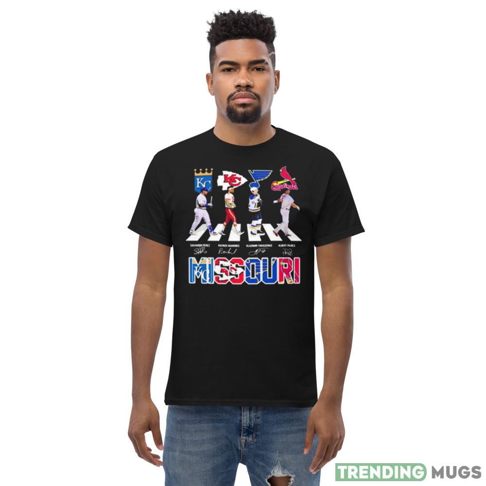 Missouri Teams Sport Salvador Perez Patrick Mahomes Vladimir Tarasenko and Albert Pujols Signature T Shirts Dark Shirt Missouri Teams Sport Salvador Perez Patrick Mahomes Vladimir Tarasenko and Albert Pujols Signature T Shirts Dark Shirt